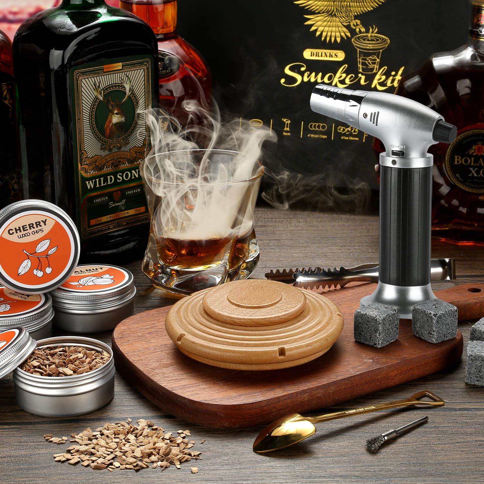Zestaw Do Palenia Koktajli i Whisky Z Pochodnią - Staromodny Z Kamieniami, Prezent Dla Mężczyzny, Męża, Taty (Bez Butanu) - Buk