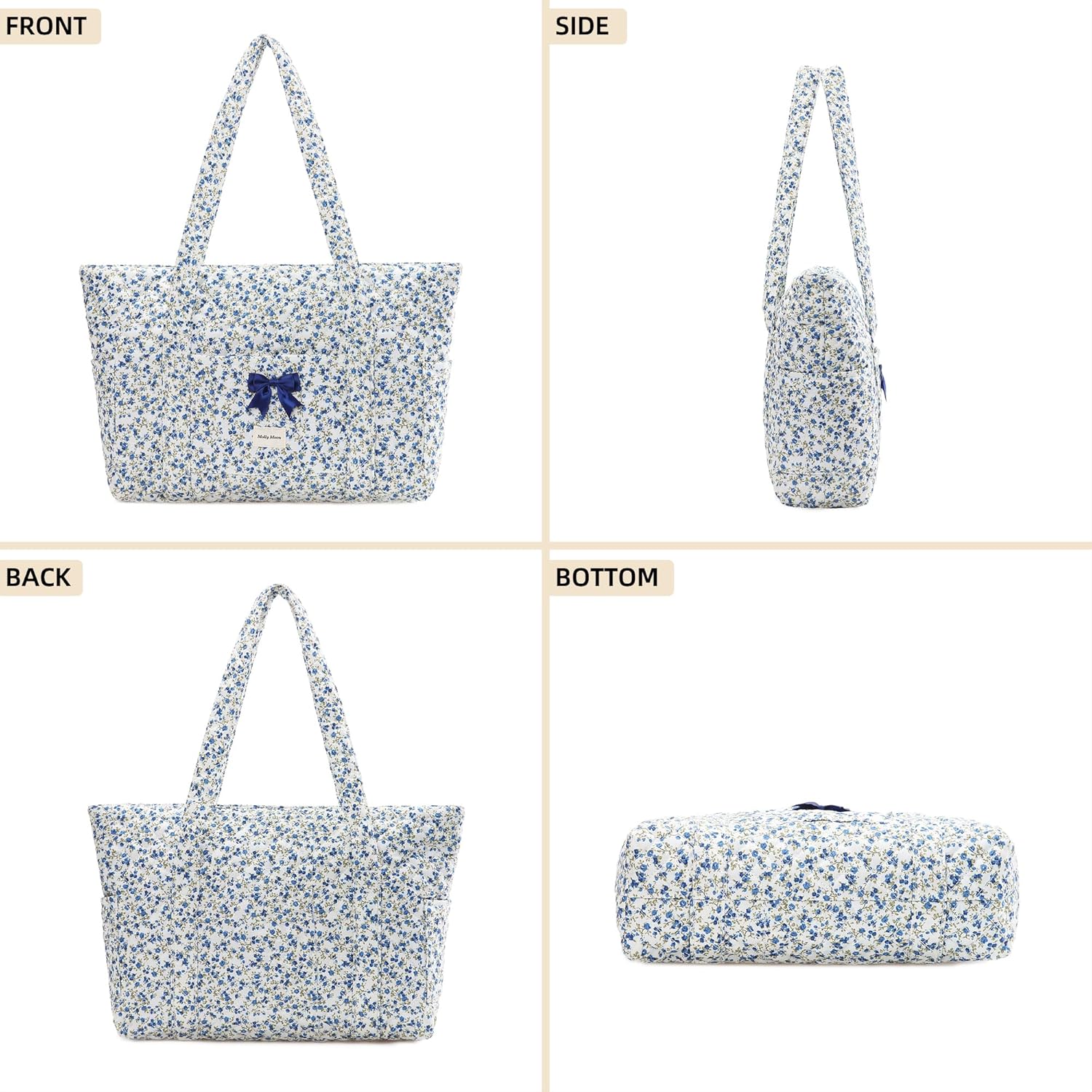 Molly Moon Quilted Tote Bag for Women, Quilted Floral Gingham Tote Bags with Zipper, Cute Bow Shoulder bag for Work, Travel