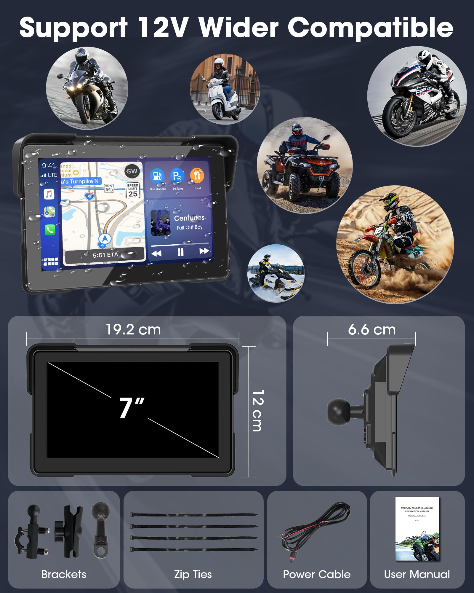 7" Motorrad Carplay Android Auto Dual Bluetooth Navigationsgeräte | Motorrad Display für Motorräder mit Siri, G-oogle Assistent, IP67 Wasserdicht für Pendelnde Fahrt