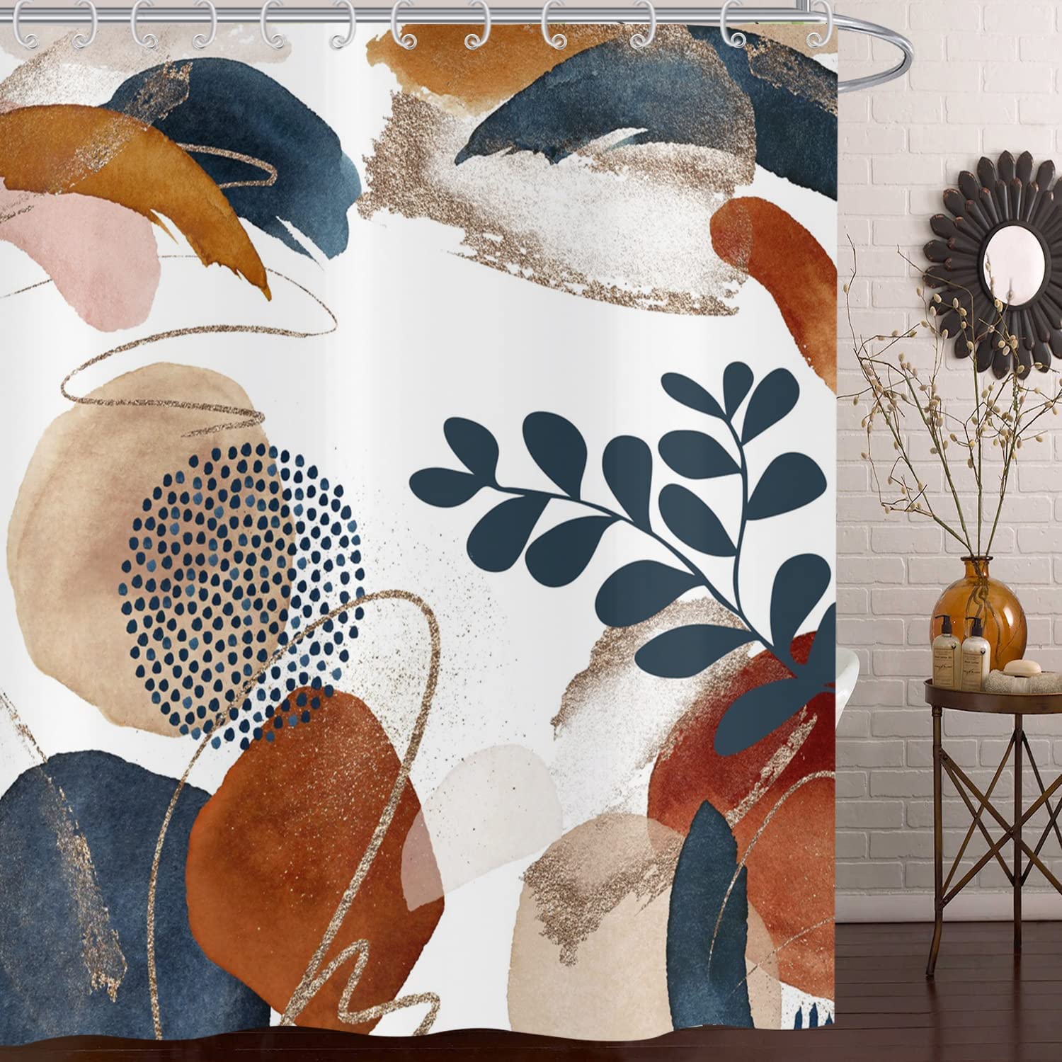 Abstrakter Boho-Duschvorhang Mit Palmenblättern – 183x183 Cm, Polyester, Wasserabweisend, Inkl. 12 Haken
