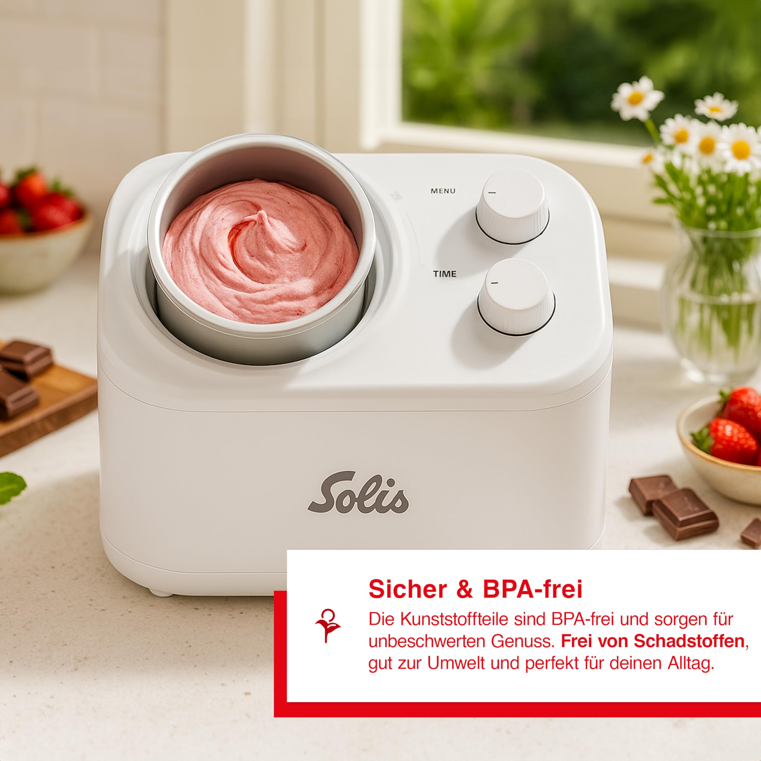 Solis Gelatissima Eismaschine (Typ 8503) – 1L Eiscreme Maschine für Zuhause, Frozen Yogurt & Sorbet Maker, leistungsstarker 100W Kompressor, BPA-frei, benutzerfreundlich mit Timer & Drehregler