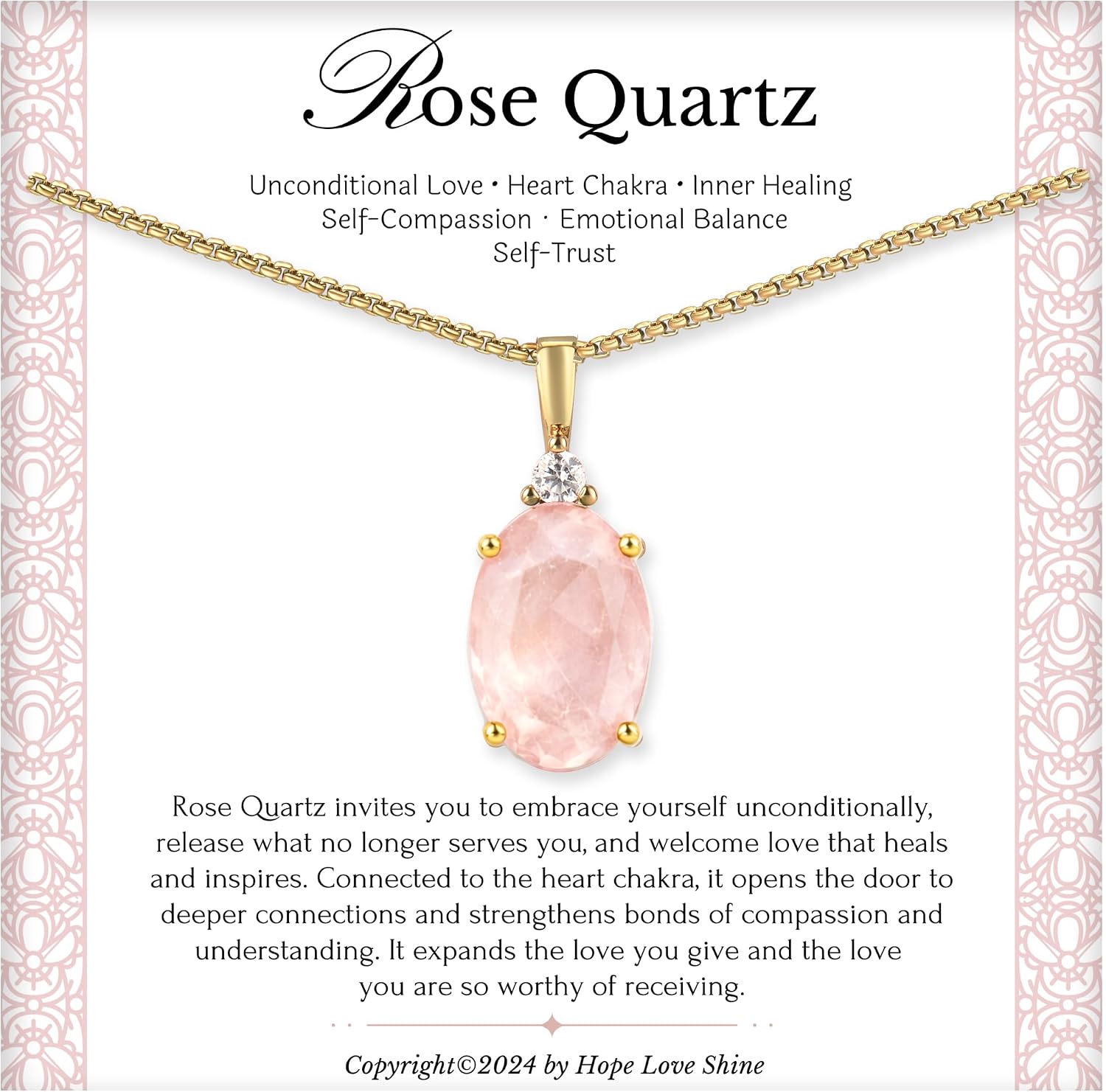 HOPE LOVE SHINE Rose Quartz Necklace Crystal Pendant Necklace Gift for Her Gold Jewelry Gift Box with Message Card