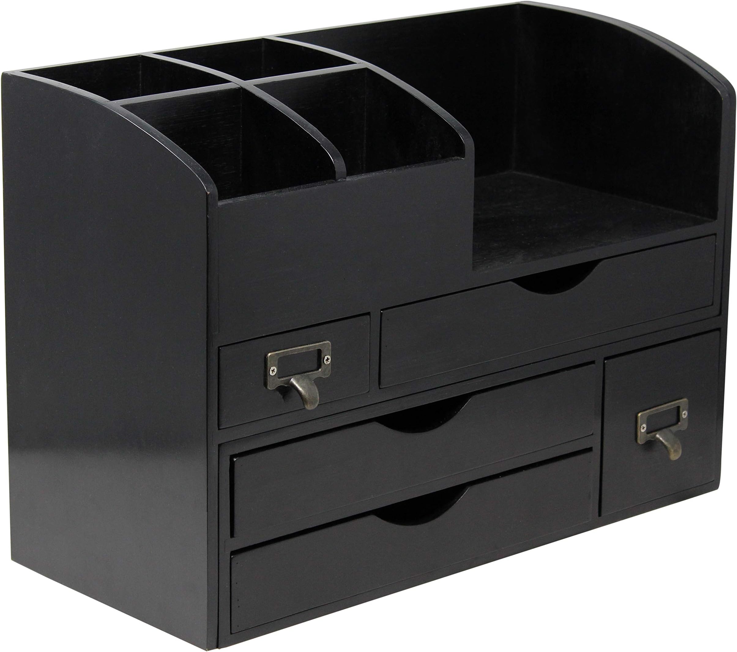 Executive Office Solutions Adjustable Wooden Desk Organizer For Desktop, Tabletop, Office or Counter – Wood Storage Shelf Rack For Office Supplies, Desk Accessories, or Mail – Black