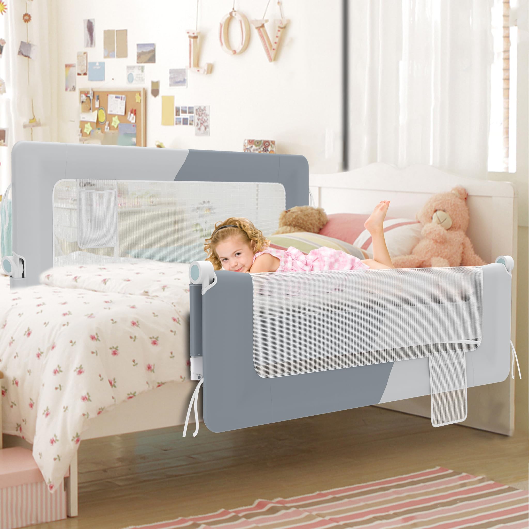Barrière de lit rabattable protection anti-chute pour enfant 150 cm Gris foncé Gris clair