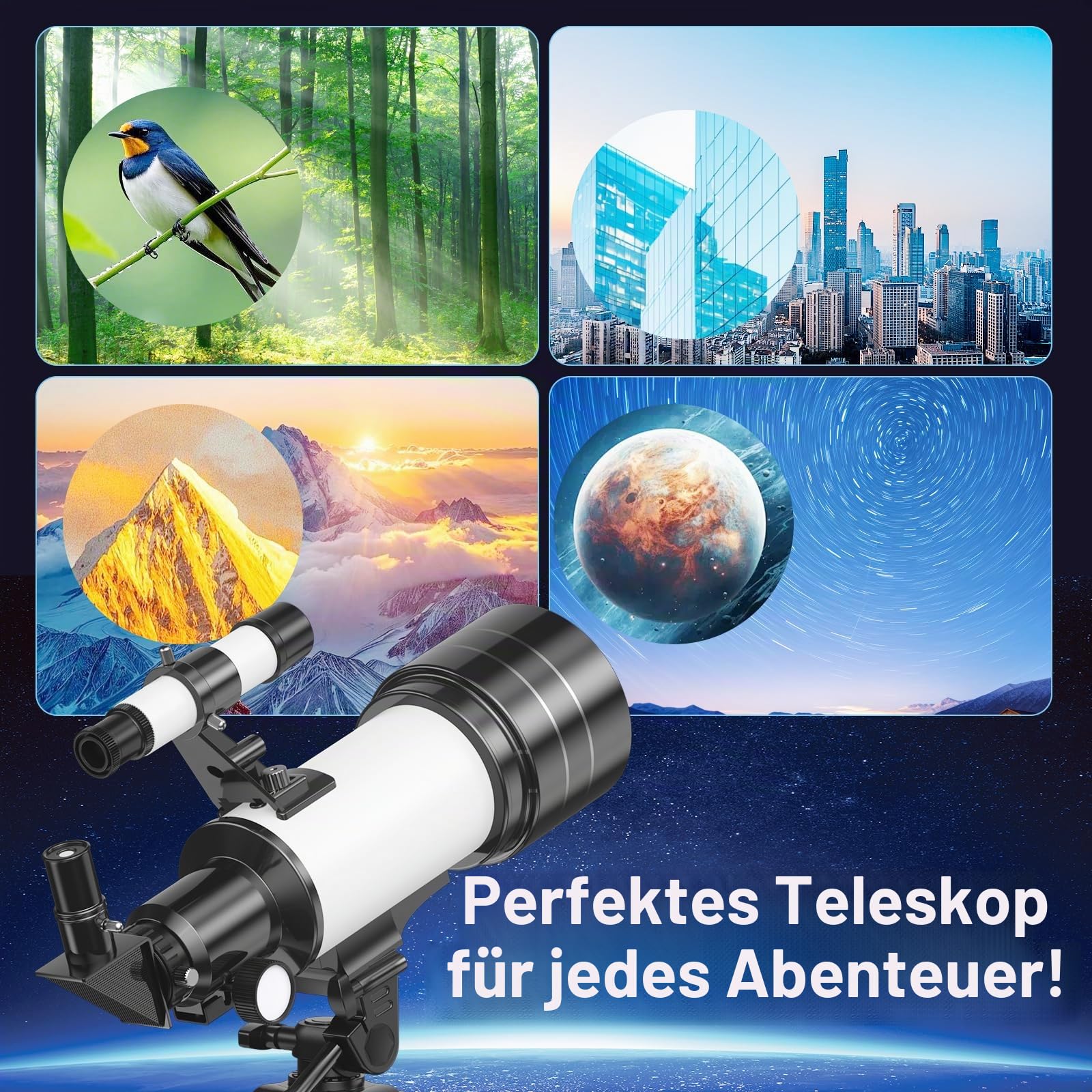 Astronomisches Teleskop Refraktor 70/300 mm, FMC Hohe Übertragung, Vergrößerung 15-150X, verstellbares Stativ, Telefonhalterung & Bluetooth-Fernbedienung, für Anfänger in der Astronomie, Erwachsene
