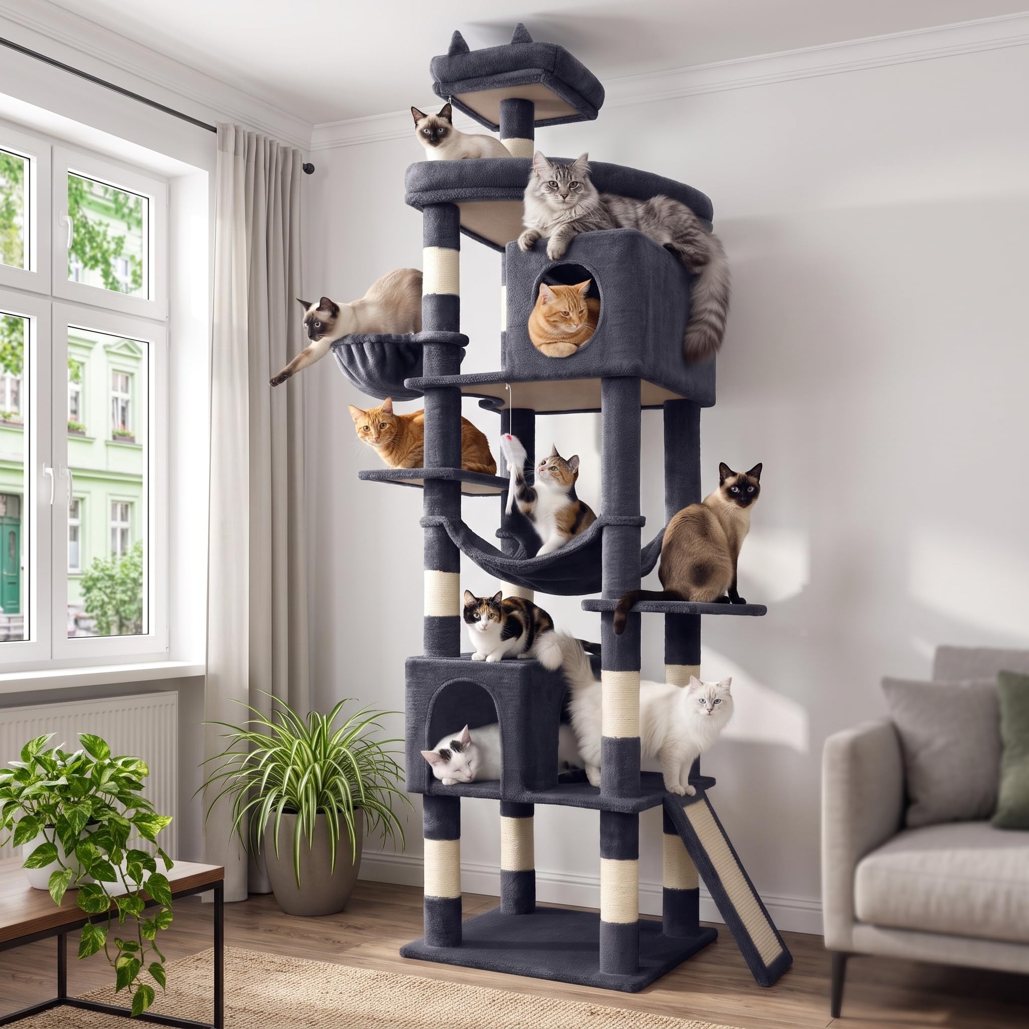 Albero per gatti, torre per gatti di grandi dimensioni, 213 cm, torre per gatti di grandi dimensioni, torre per gatti da interni, con 11 pali tiragraffi in sisal, 2 spaziosi condomini, amaca
