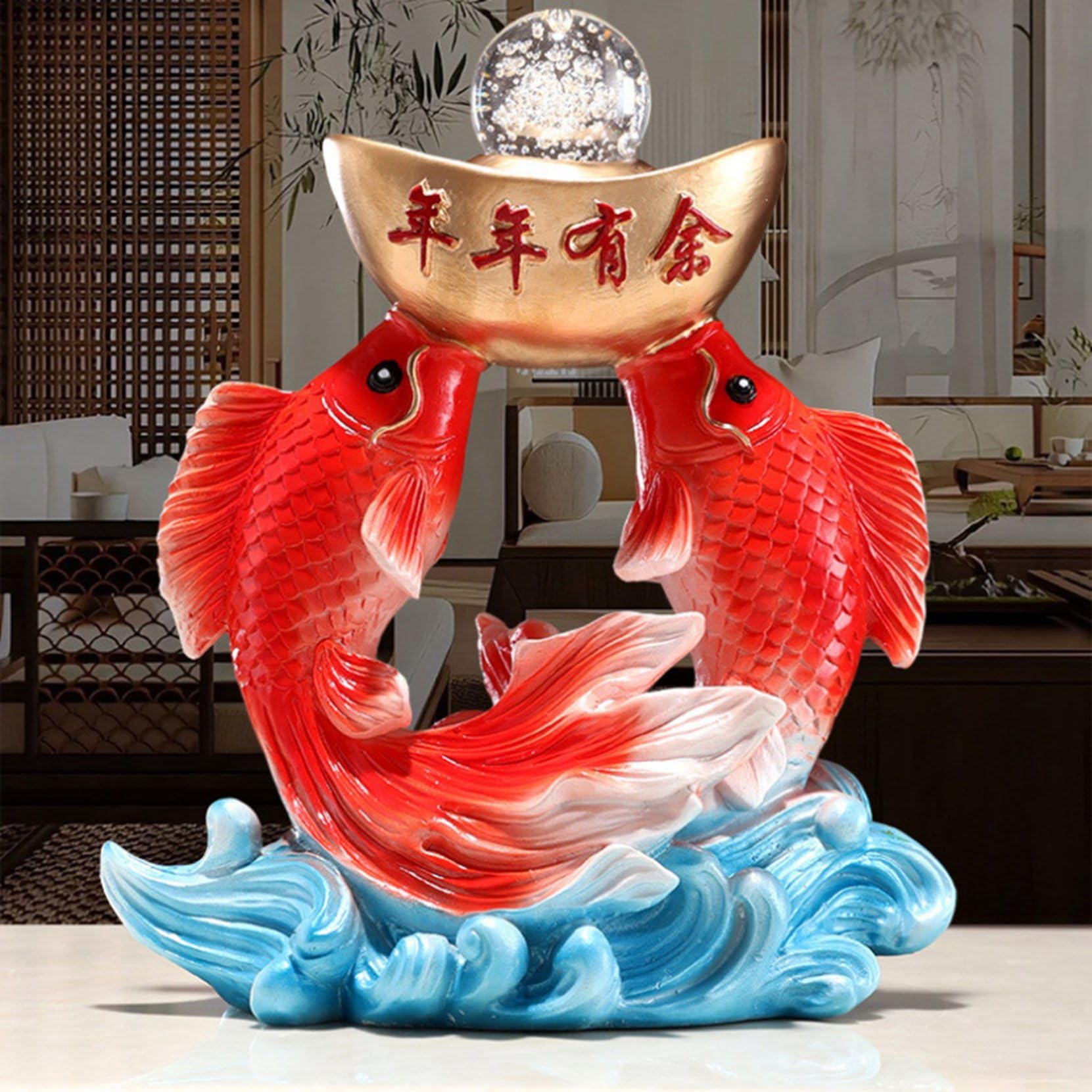 Amazon.co.jp: 鯉の置物 風水グッズ 双魚戯珠 樹脂製 水晶玉