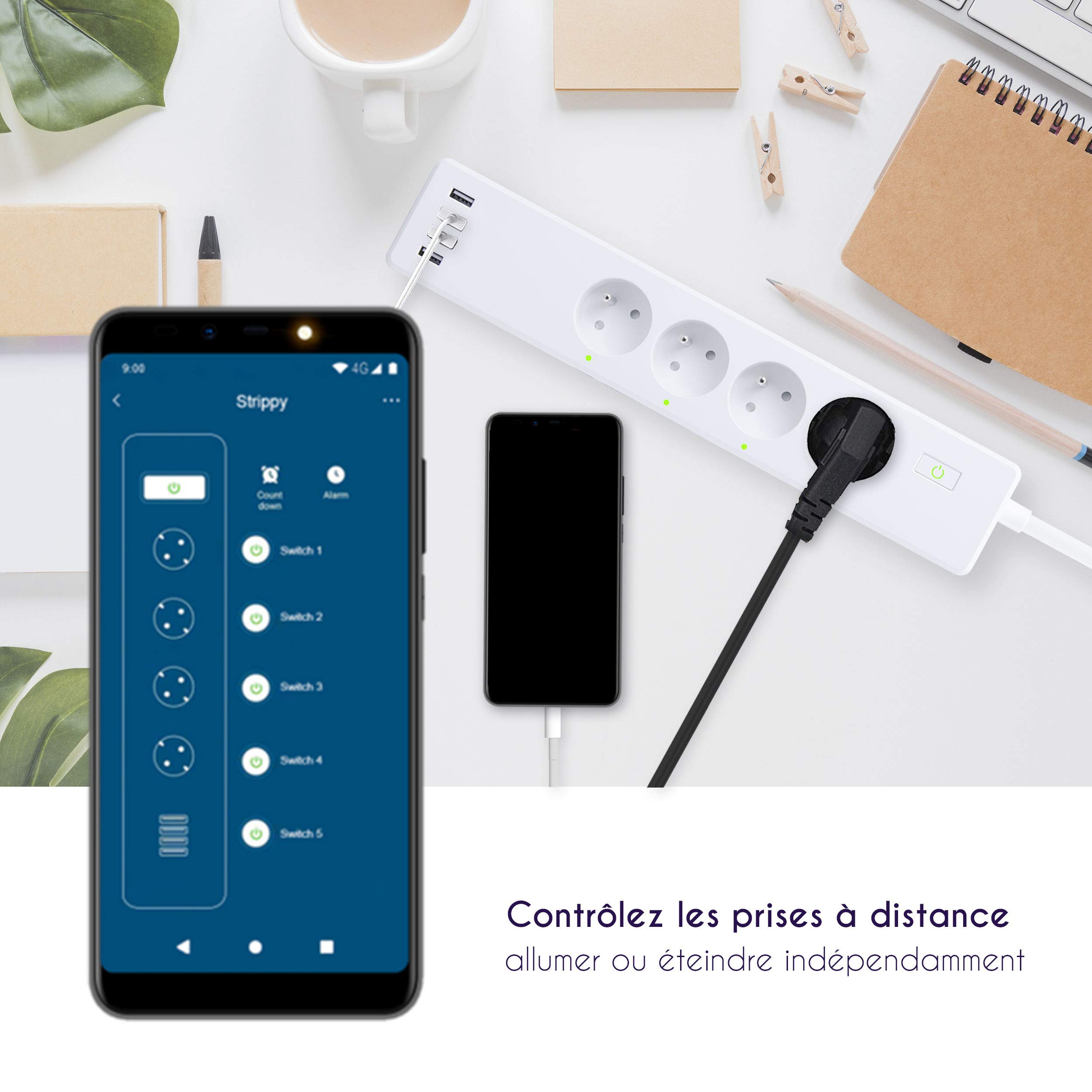 Strippy - Objet connecté - Multiprise connectée compatible Google home/Alexa - Prise UE – 4 prises & 4 prises USB – 220/240V – Protection enfant, contre la surcharge et la foudre