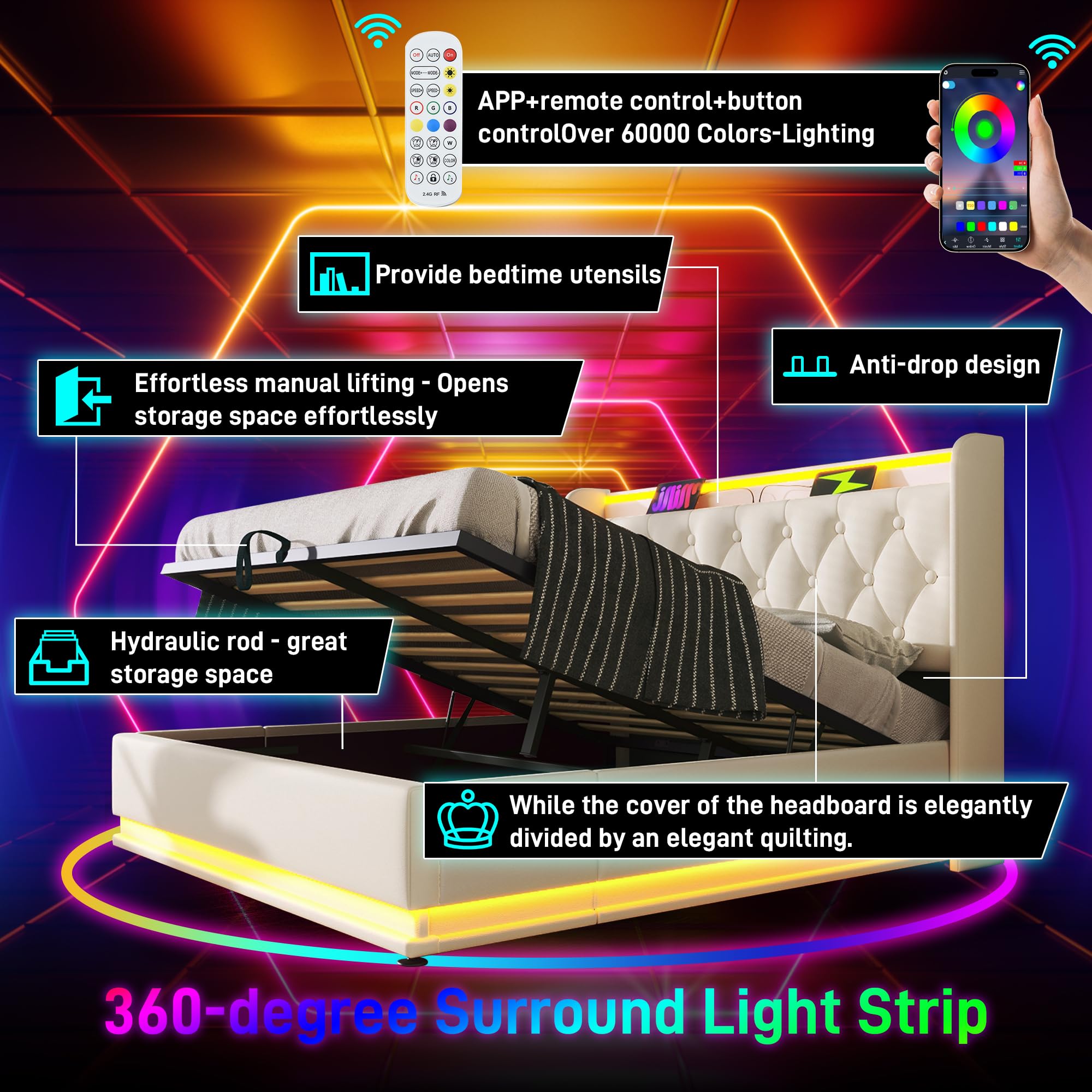 LINKHOO lit rembourré double, fonction LED surround 360, bouton-poussoir/application/télécommande,140*200 cm, matériau PU blanc Lit de camp hydraulique,avec fonction de charge USB Type-C(sans matelas)