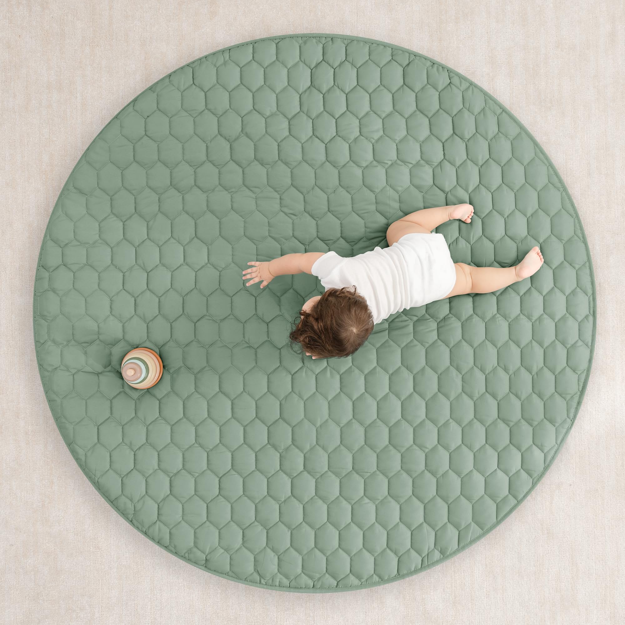 Comfy Cubs Round Kids Play Mat - Large 60 inches Soft Quilted Baby Floor Mat with Non-Slip Bottom - Plush Design for Toddlers' Playtime and Relaxation - Comfortable and Durable - Sage
