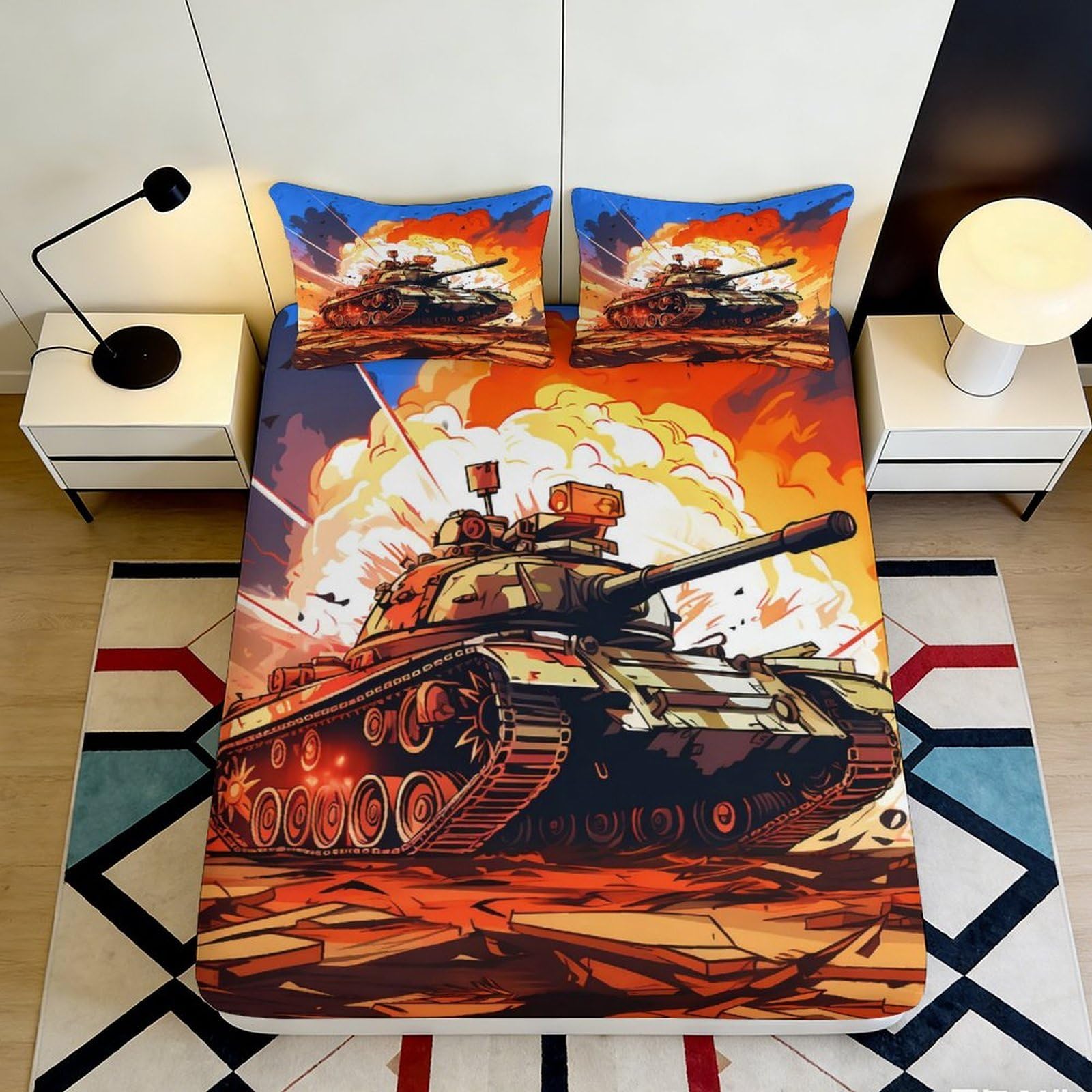 3D Printed Tank Battle Fitted Sheet Microfiber Durable Vibrant 3D Tank Print Bed Cover for Bedroom Dormitory Guest Room Mattress Protection 180x200x25cm