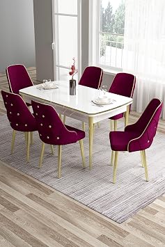 Tia Serisi 80x132 cm A labilir Mutfak Masas  Tak m , Beyaz Masa, Gold Detay, 6 M rd m Sandalye TYC00710782225