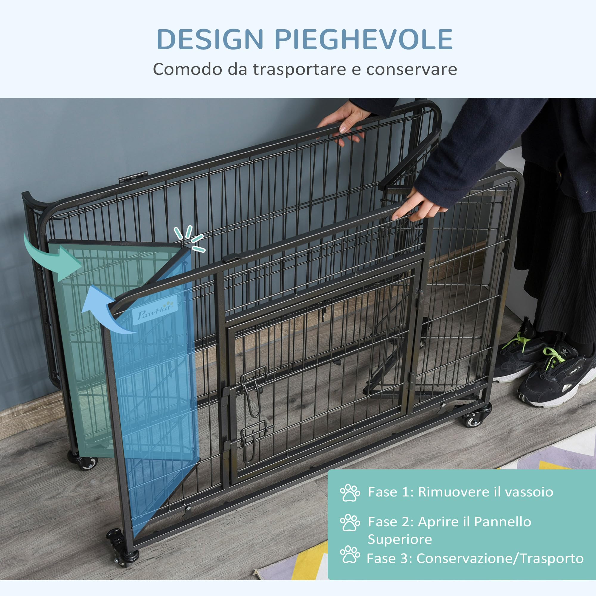 PawHut Kennel Gabbia per Cani Pieghevole a Doppia Porta con Blocco, Box per Cani con 4 Ruote con Freno e Fondo Rimovibile, 94x58x69.5 cm, Grigio Scuro