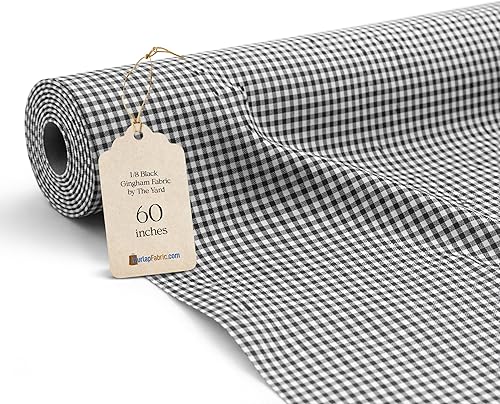 Tela de Cuadros Negros de 1/8 de Pulgada por Yarda – 60" de Ancho, Mezcla de Algodón y Poliéster, Material Ligero a Cuadros Gingham para Costura,