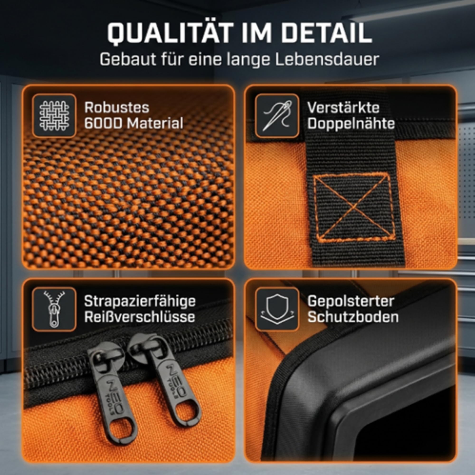 NEO TOOLS Werkzeugtasche Monteurtasche Polyester 600D, 17 Innentaschen, 2 Außentaschen, starre Bauweise, drei Hauptinnenfächer, verstärkte Reißverschlüsse 43.5 x 33 x 20 cm