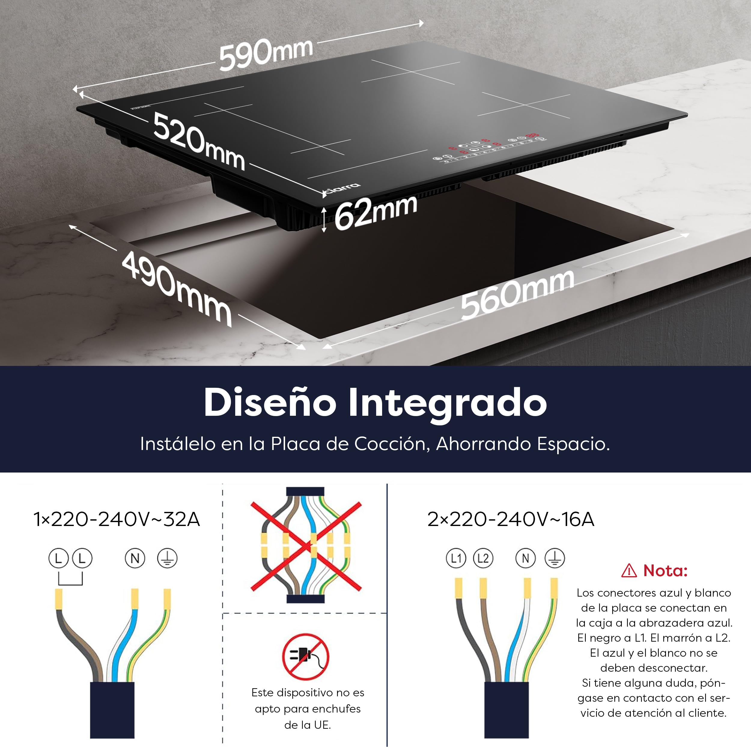 CIARRA CBBIH4BF Placa de Inducción 4 Fuegos 60cm 7200W | Función Flex, Boost, Función Pausa, Control Táctil Slider, Apagado Automático, Indicador de Calor Residual