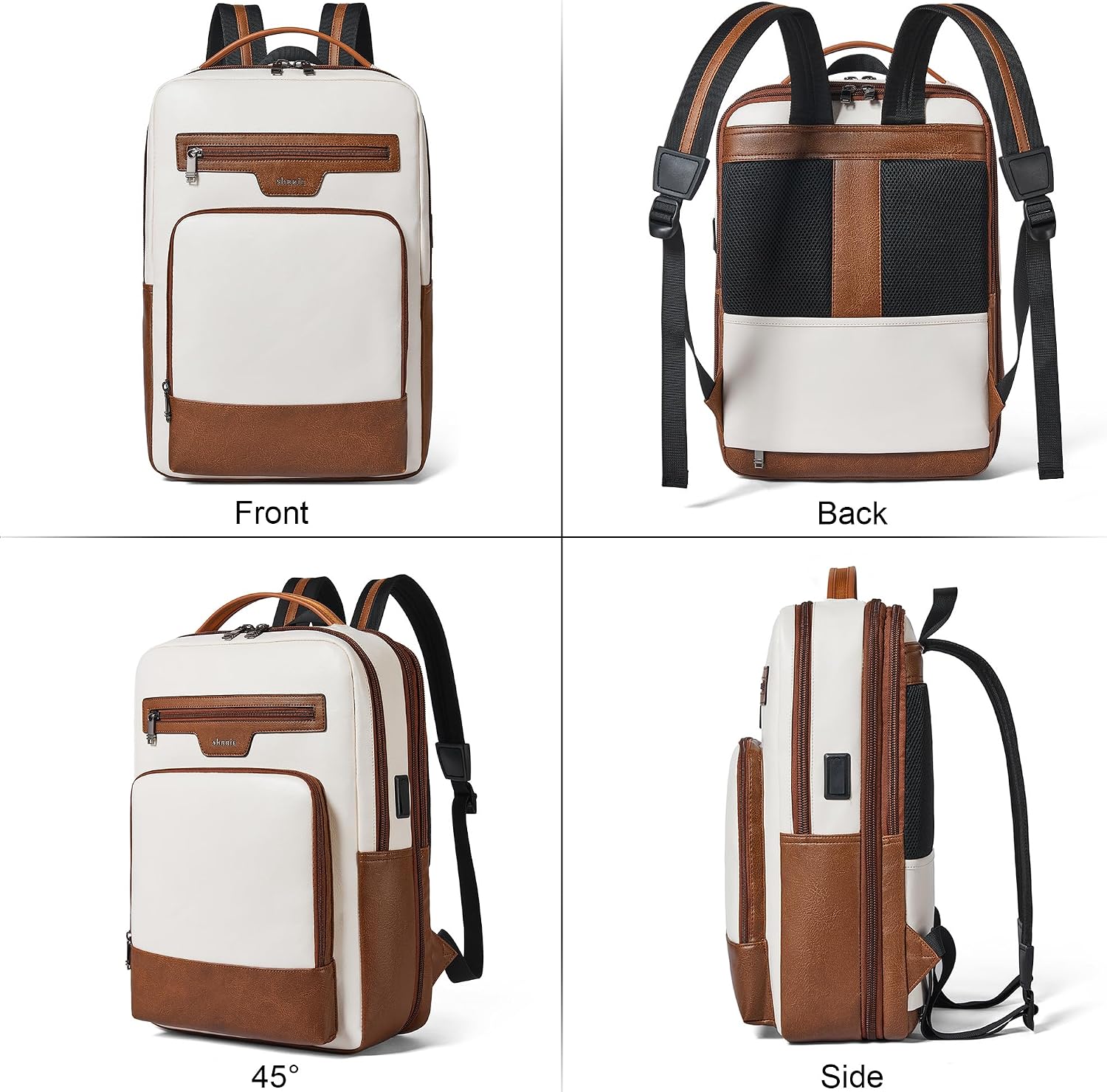 Shrrie Leather Laptop Backpack for Women and Men,28 L Travel Backpack Computer Bag Fits 16 inch Laptop,Expandable Casual Daypack with USB Port for Work Business Weekender College,Beige with Brown