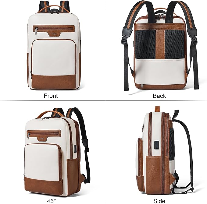Mochila de cuero para laptop 28L expandible beige con marrón miniatura 7