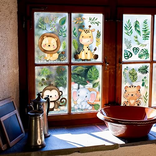 Miniatura 3 de 6 hojas de calcomanías de hojas verdes para ventana, bonitos animales, adhesivos de ventana extraíbles para el hogar, sala de estar, dormitorio,