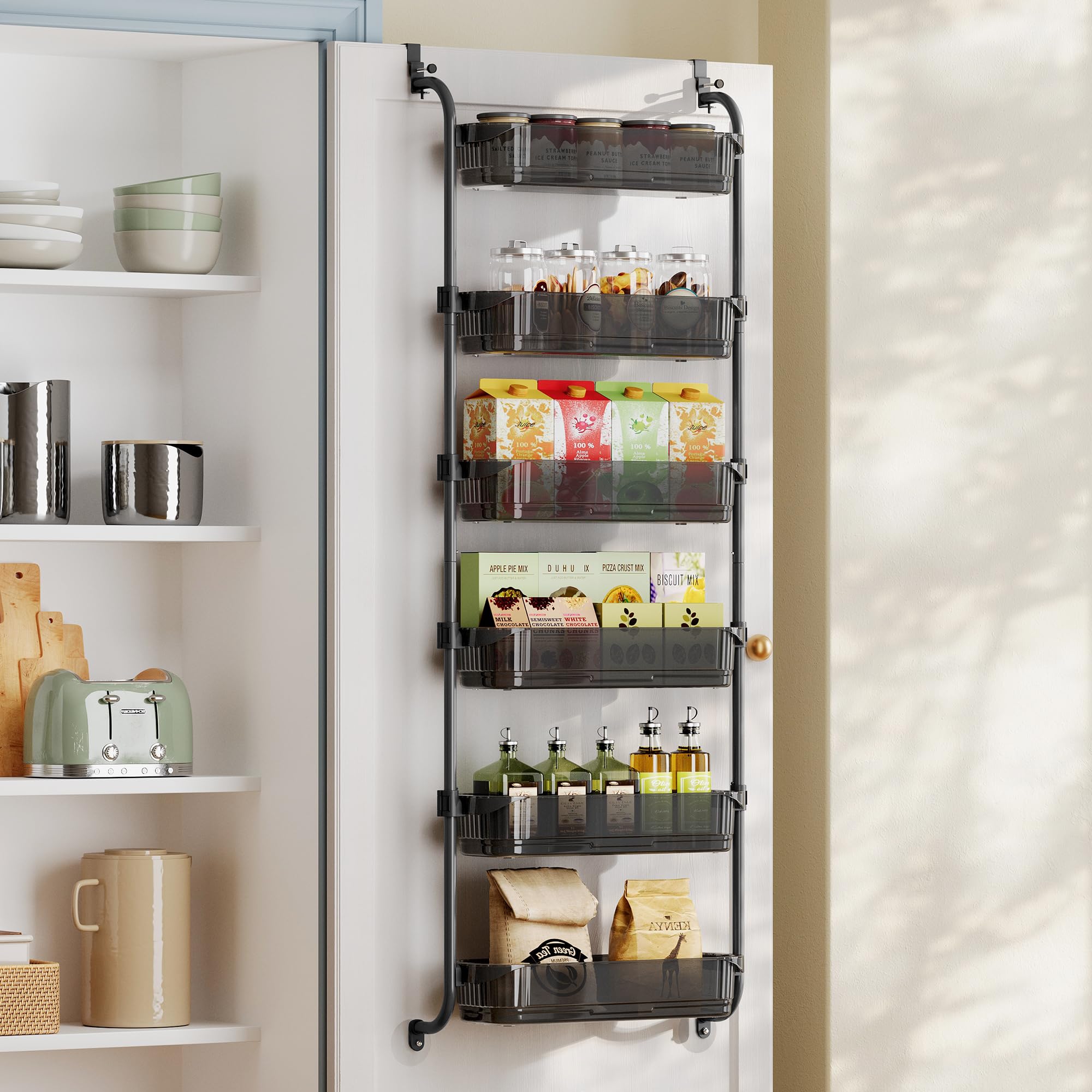 Songmics Transparent Black Over-The-Door Pantry Storage Organiser, 6-Tier Door-Hanging Spice Rack With Adjustable Tall Baskets, Space-Saving, For Kitchen Bedroom Bathroom Laundry Room, Kcs046bh01