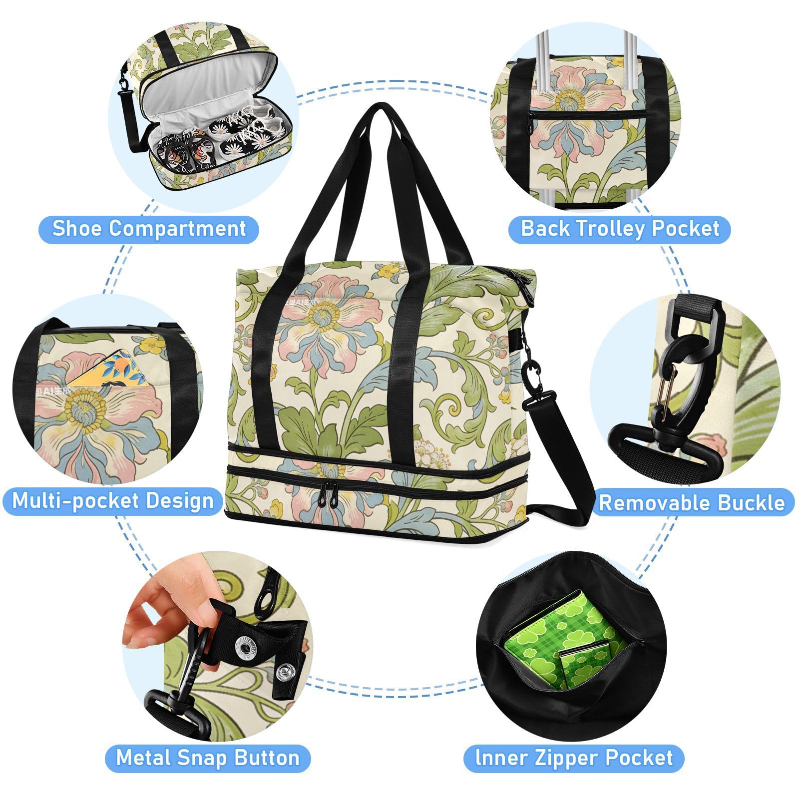 William Morris - Bolsa de transporte de lirio rosa con bolsillo húmedo, correa ajustable, bolsa de viaje para gimnasio, para viajes, impermeable, para hombres y mujeres
