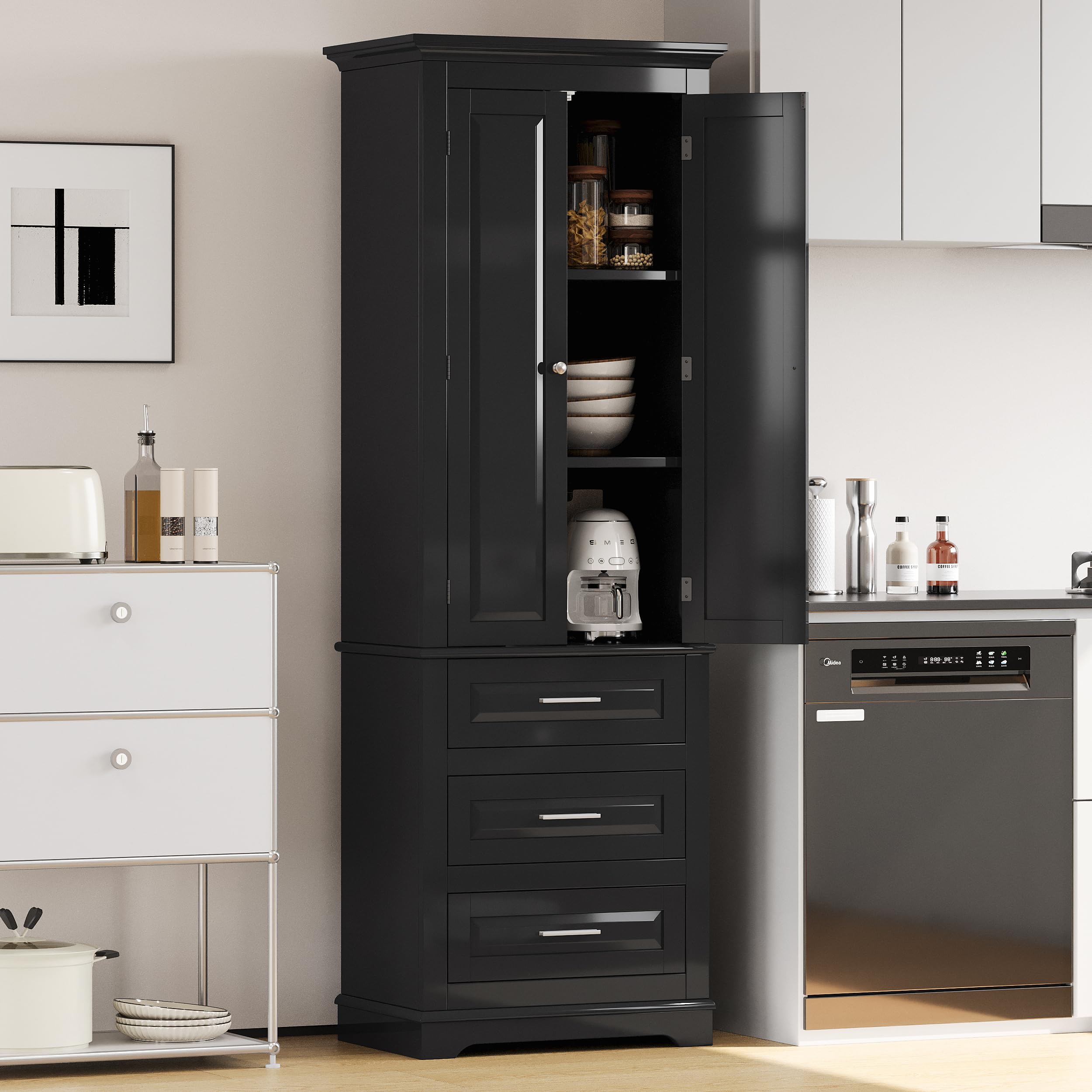 Photo 1 of Merax 70" Pantry Cabinet with Two Doors & Three Drawer, Adjustable Shelves Storage Cupboard for Kitchen/Dining Room/Bathroom, Black