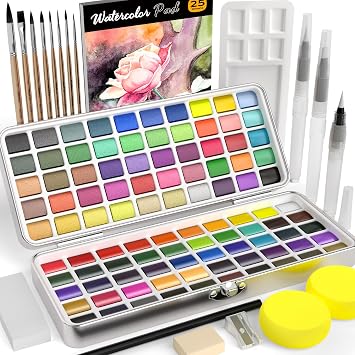 Nicpro 100 Colors Watercolor Paint Set, Metallic Macaron & Fluorescent, 8 Synthetic Squirrel Brushes, 25 Watercolor Paper, Palette, Art Supplies Kit for Artist Adult Beginner with Gift Box