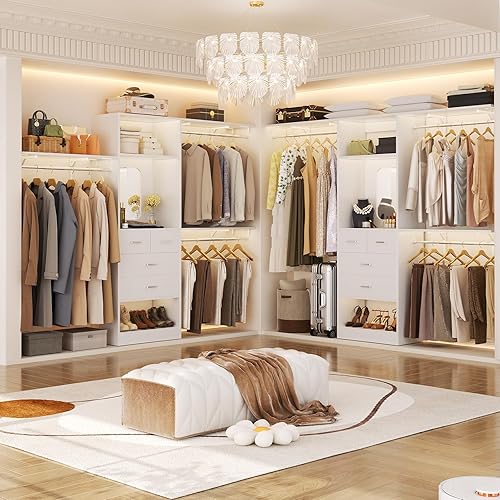 Miniatura 3 de Unikito Sistema de armario de 8 pies con 4 cajones, organizador de armario de madera de 96 pulgadas con espejo y varillas para colgar, inserto