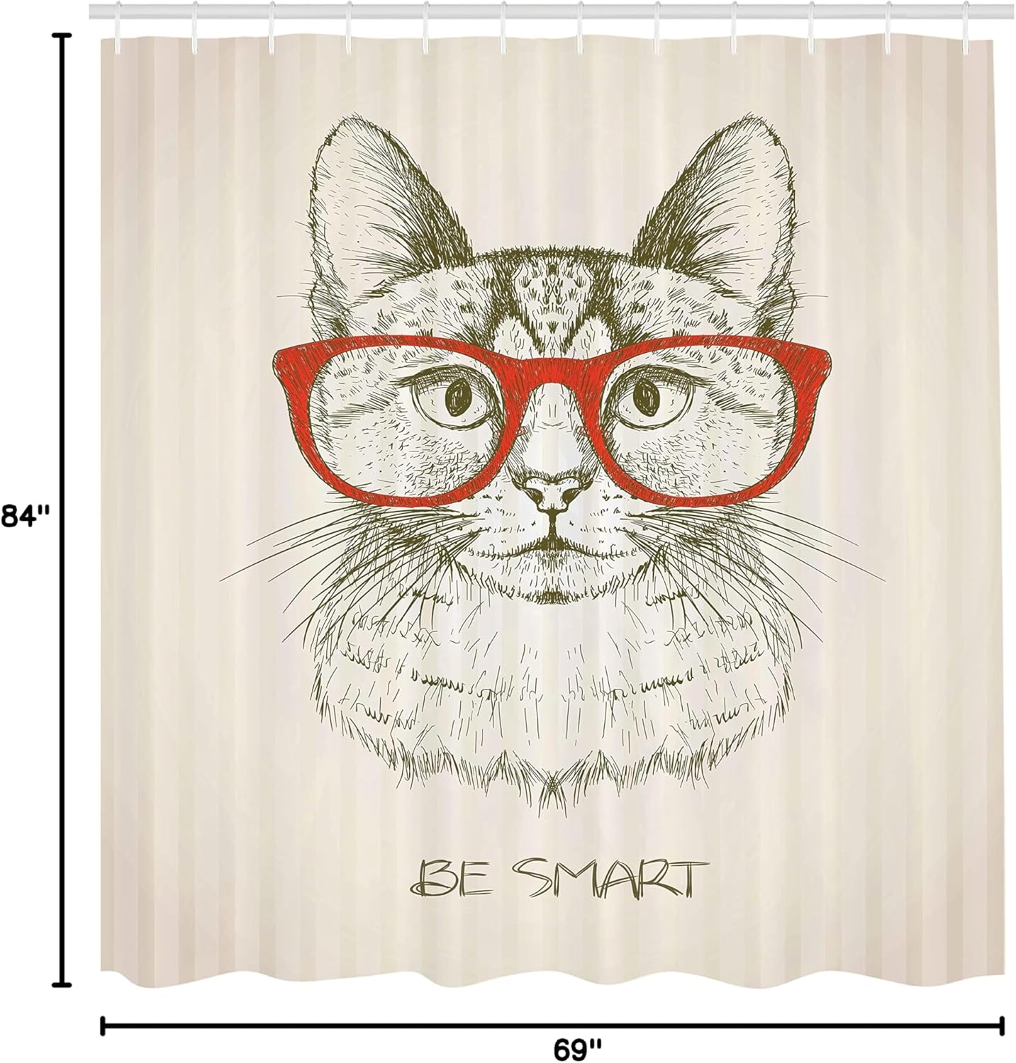 Ambesonne Cat Shower Curtain, Vintage Style Domestic Feral with Hipster Glasses Be Clever Boy Illustration Art, Cloth Fabric Bathroom Decor Set with Hooks, 69" W x 84" L, Black Cream