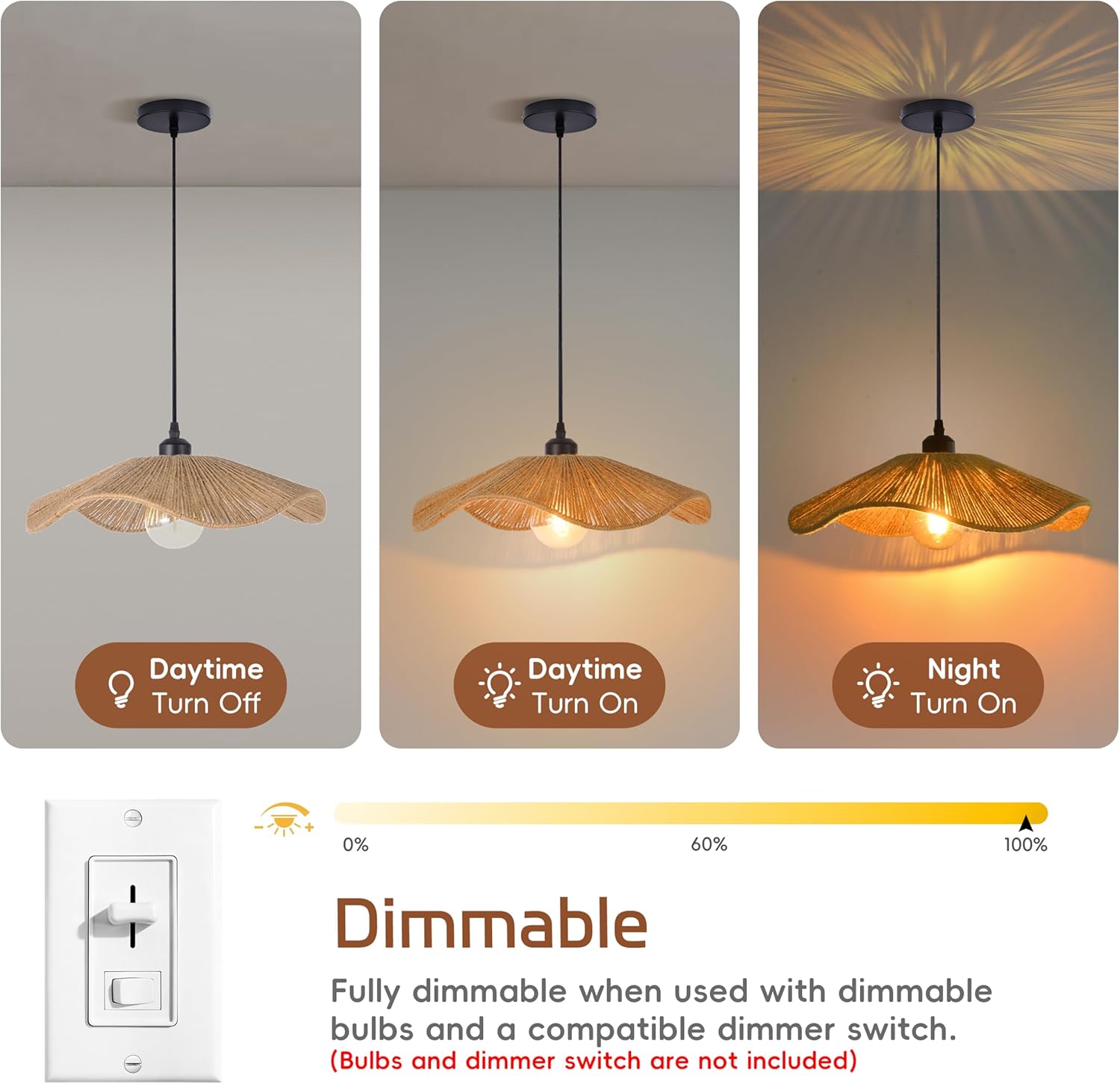 11.8" Boho Pendant Lights Kitchen Island, 1-Light Hand Woven Rope Ceiling Light Fixture Wicker Farmhouse Rustic Small Chandelier Hanging Lamp for Dining Room, Bedroom, Living Room, Entryway, Foyer