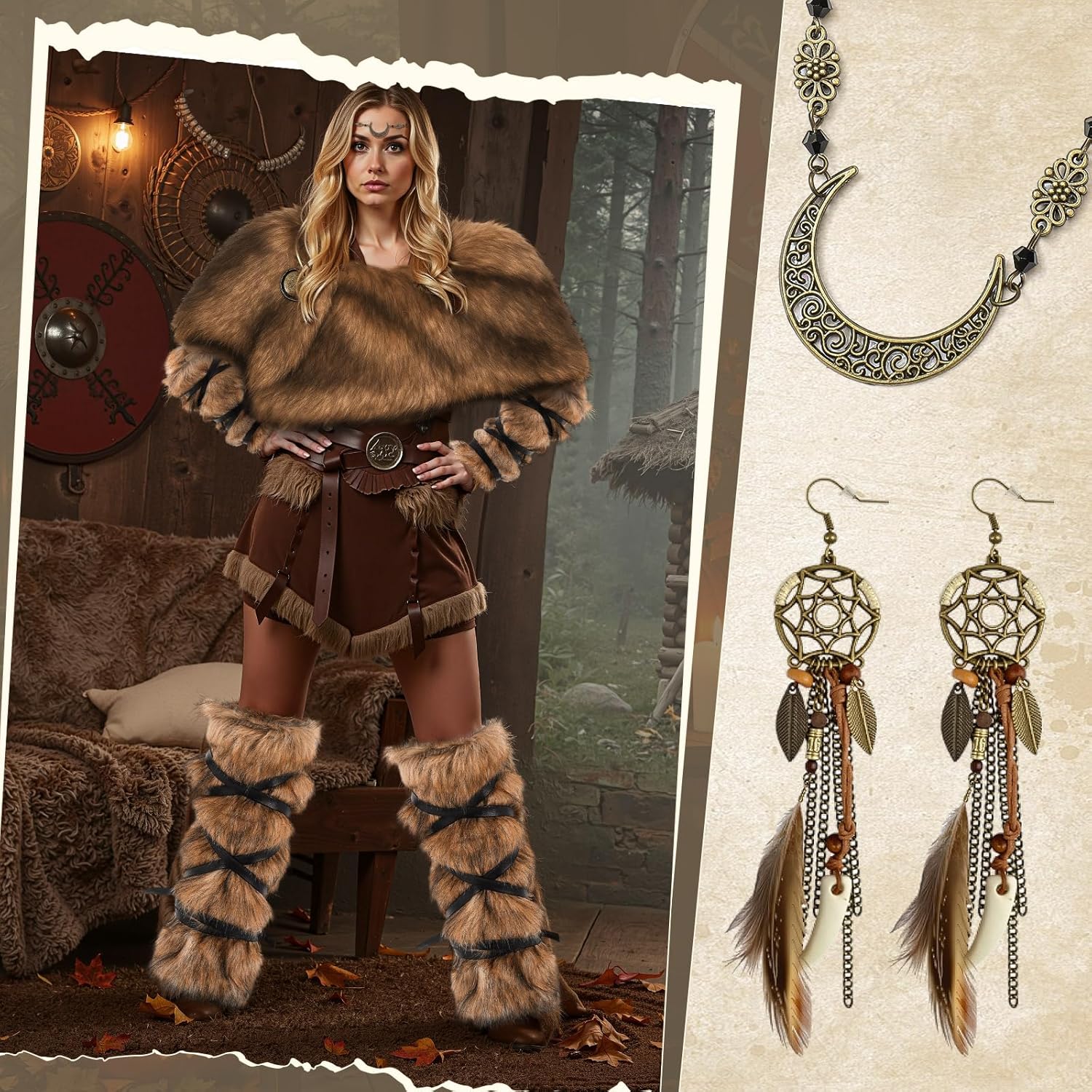 Geyoga 12 Pcs Halloween Viking Warrior Costume Set for Women - Faux Fur Shawl, Arm & Leg Warmers with Medieval Necklace & Earrings | Halloween, Cosplay, LARP, Renaissance Festival Accessories - Image 3
