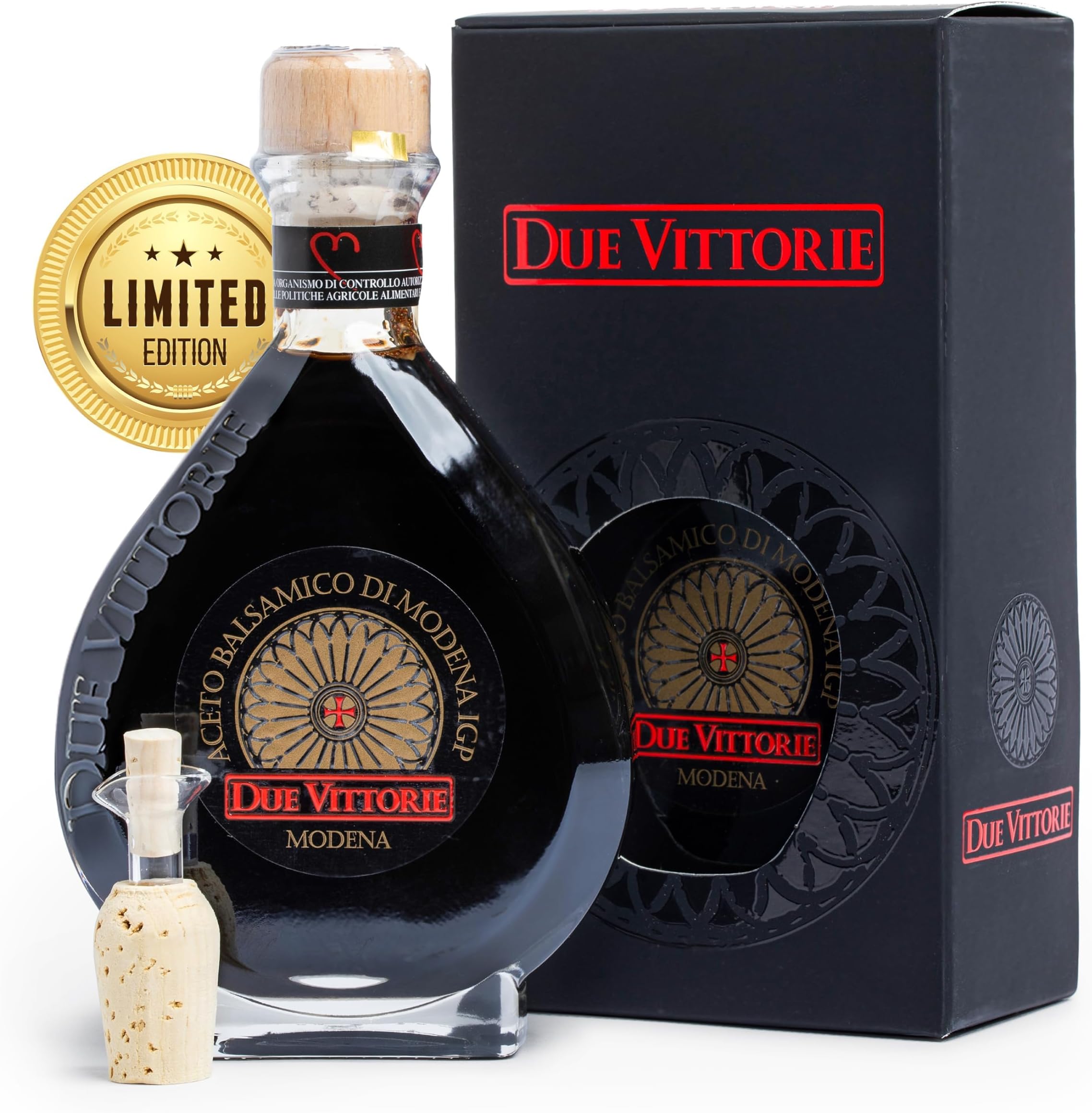 Due Vittorie Limited Edition Oro Gold Balsamic Vinegar Gift Set with Collector's Edition Bottle, Cork Pourer and Gift Box - Oak Barrel Aged Balsamic Vinegar of Modena, Italy