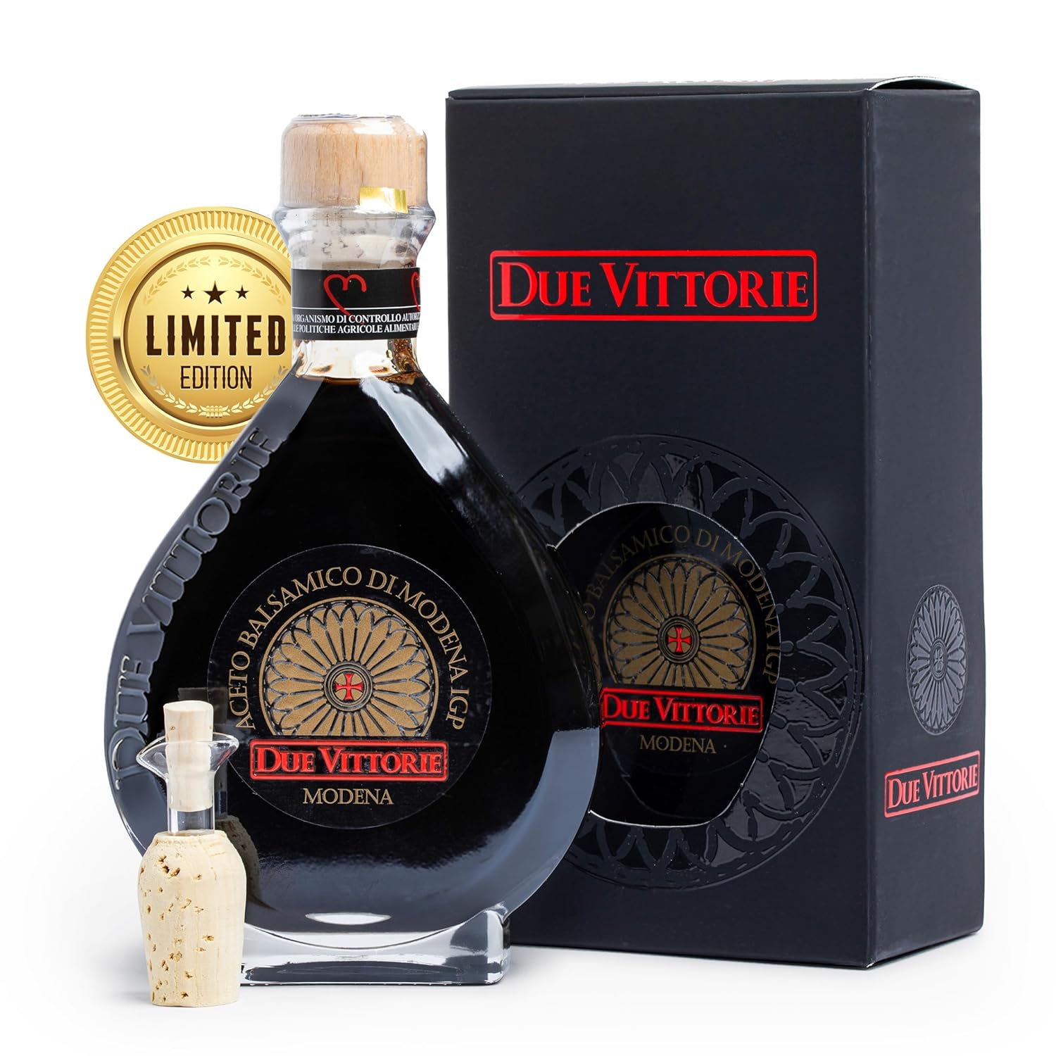 Due Vittorie Limited Edition Oro Gold Balsamic Vinegar Gift Set with Collector's Edition Bottle, Cork Pourer and Gift Box - Oak Barrel Aged Balsamic Vinegar of Modena, Italy