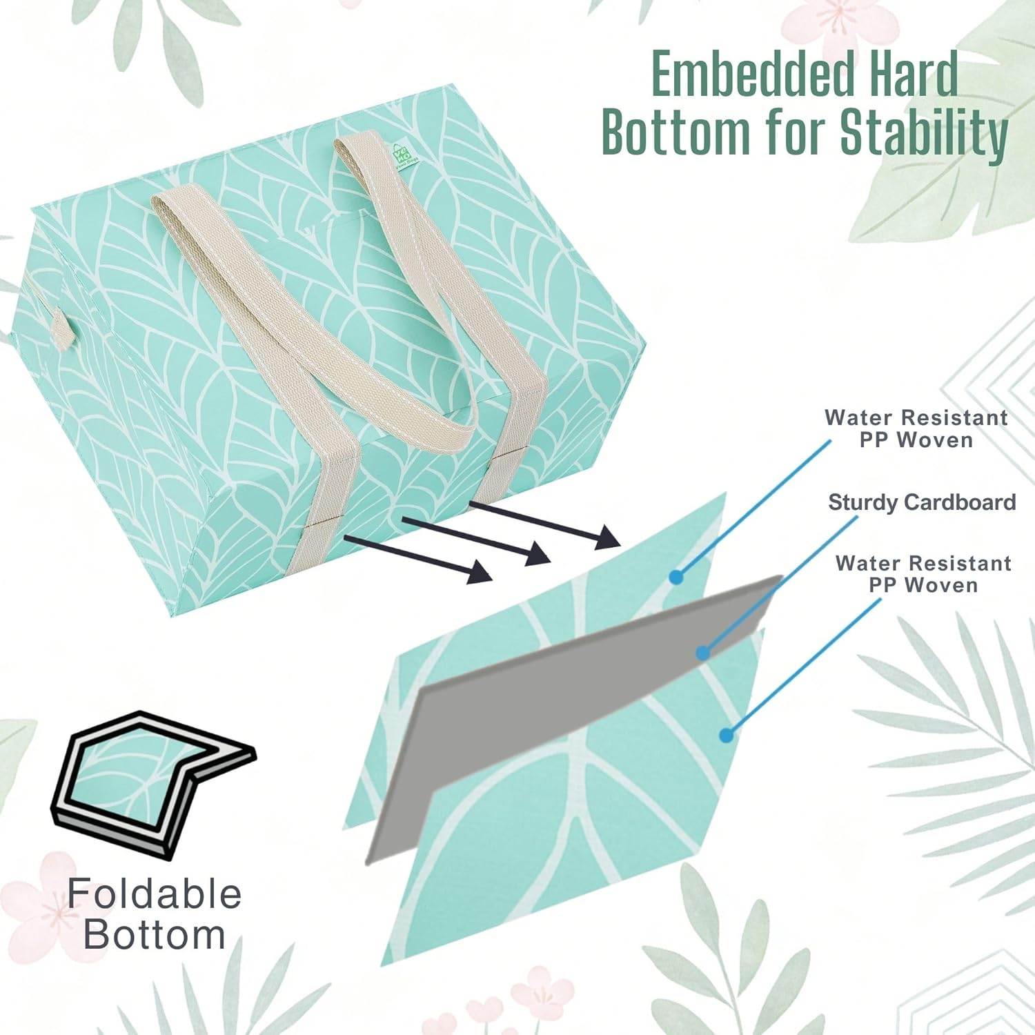 VENO 4 Pack Tote Bag with Zipper, Reusable Grocery Shopping Bag, Heavy Duty, Water Resistance Shoulder Handbag for Women Men (Green Leaves, 4 Pack) - Image 4