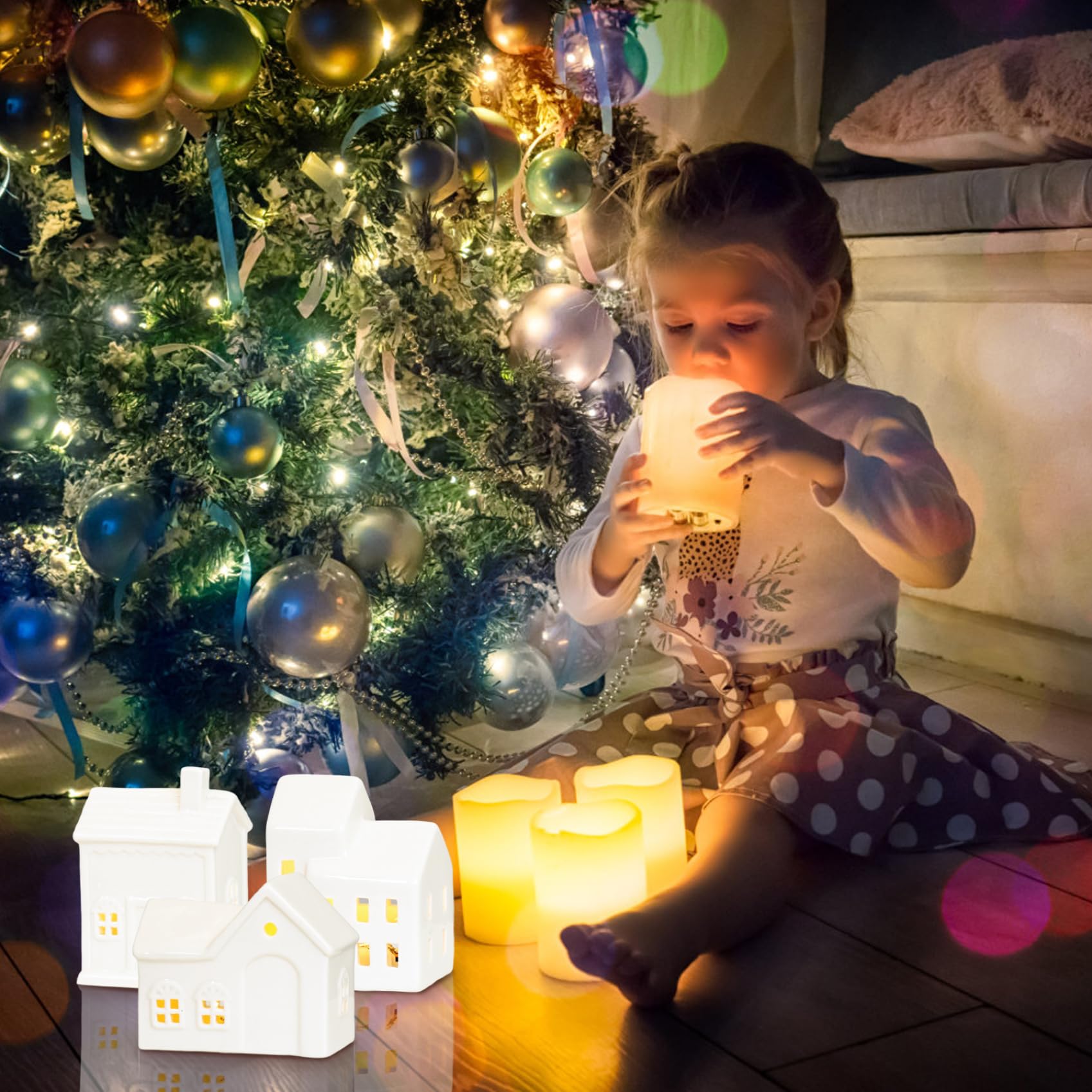 Casas de Pueblo navideñas, candelero de cerámica Blanca para Casas navideñas, decoración navideña de sobremesa