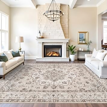 Washable 9x12 Large Area Rug Non-Slip Stain Resistant Living Room Rugs Vintage Lightweight Durable Bedroom Carpet Soft Medallion Farmhouse Floor Mat for Dining Room Home Office 9x12 Beige/Cream