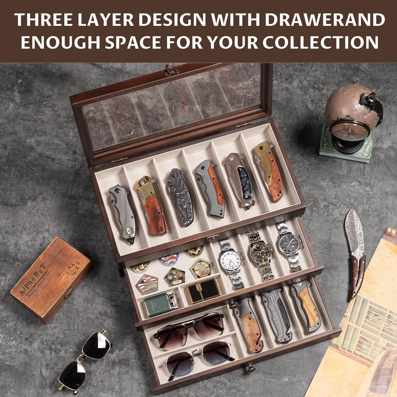 3 Étages Coffret Poignard, Bois Boîte Présentoir à Couteaux avec Tiroir et Couvercle Transparent, Support à Couteaux pour Exposer et Ranger les Couverts, pour Collection, Cadeau (Noyer)