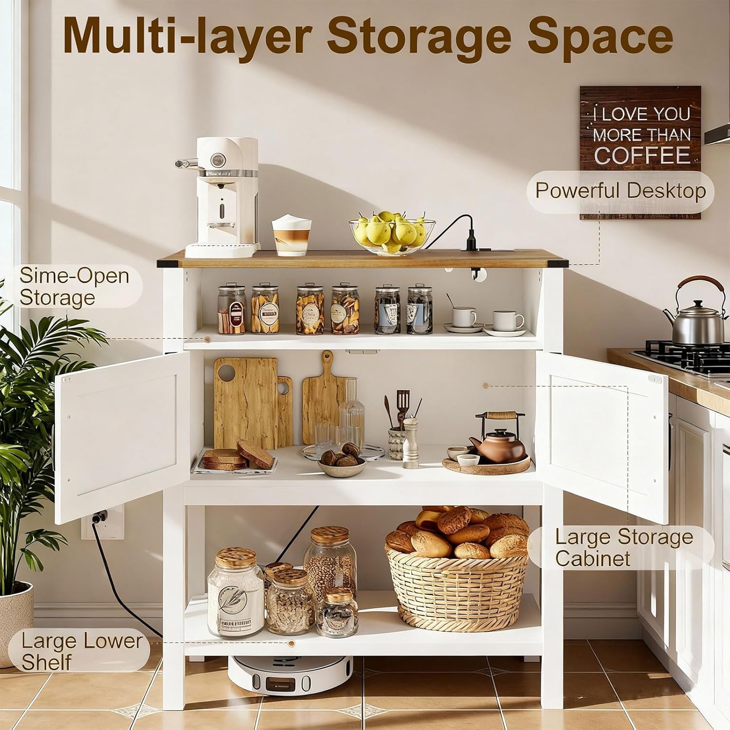 31.5" W Coffee Bar Cabinet with Outlets, 2-Door Farmhouse Console Table Sofa Storage Cabinet Narrow Buffet Sideboard for Kitchen, Pantry, Entryway, Hallway, Dining (Walnut White)