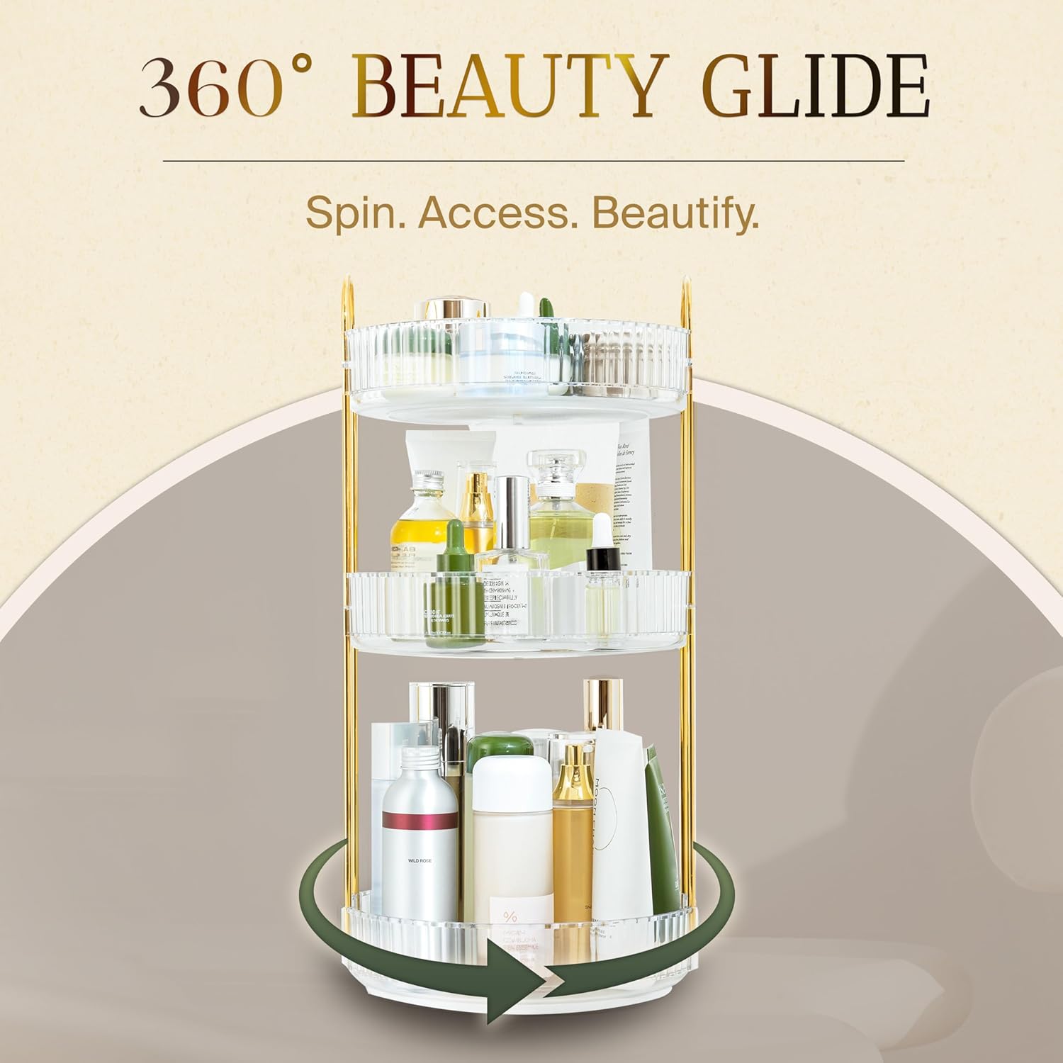 360-Degree Rotating Makeup Organizer, Cosmetic Storage Display Case for Bathroom Vanity Countertop, Skincare and Perfume Storage Organizers, Jewelry Dresser Organizer, 3-Tier, Clear
