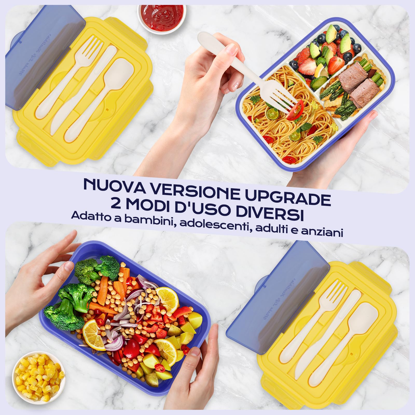 KINSHO Bento Box 2 Pezzi Per Bambini E Adulti - 3 Scomparti, A Tenuta Stagna, Con Spork