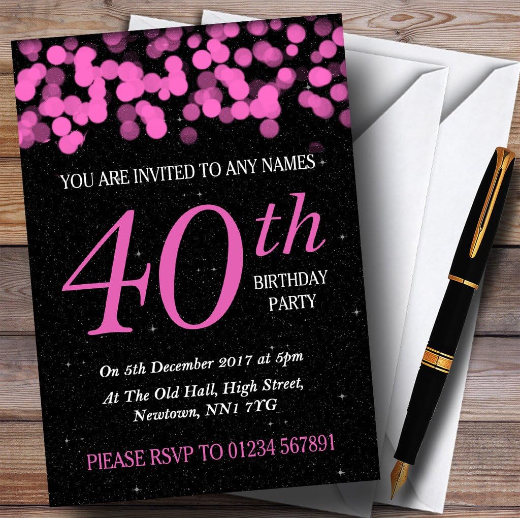 Pink Bokeh & Stars 40th Personalized Birthday Party Invitations