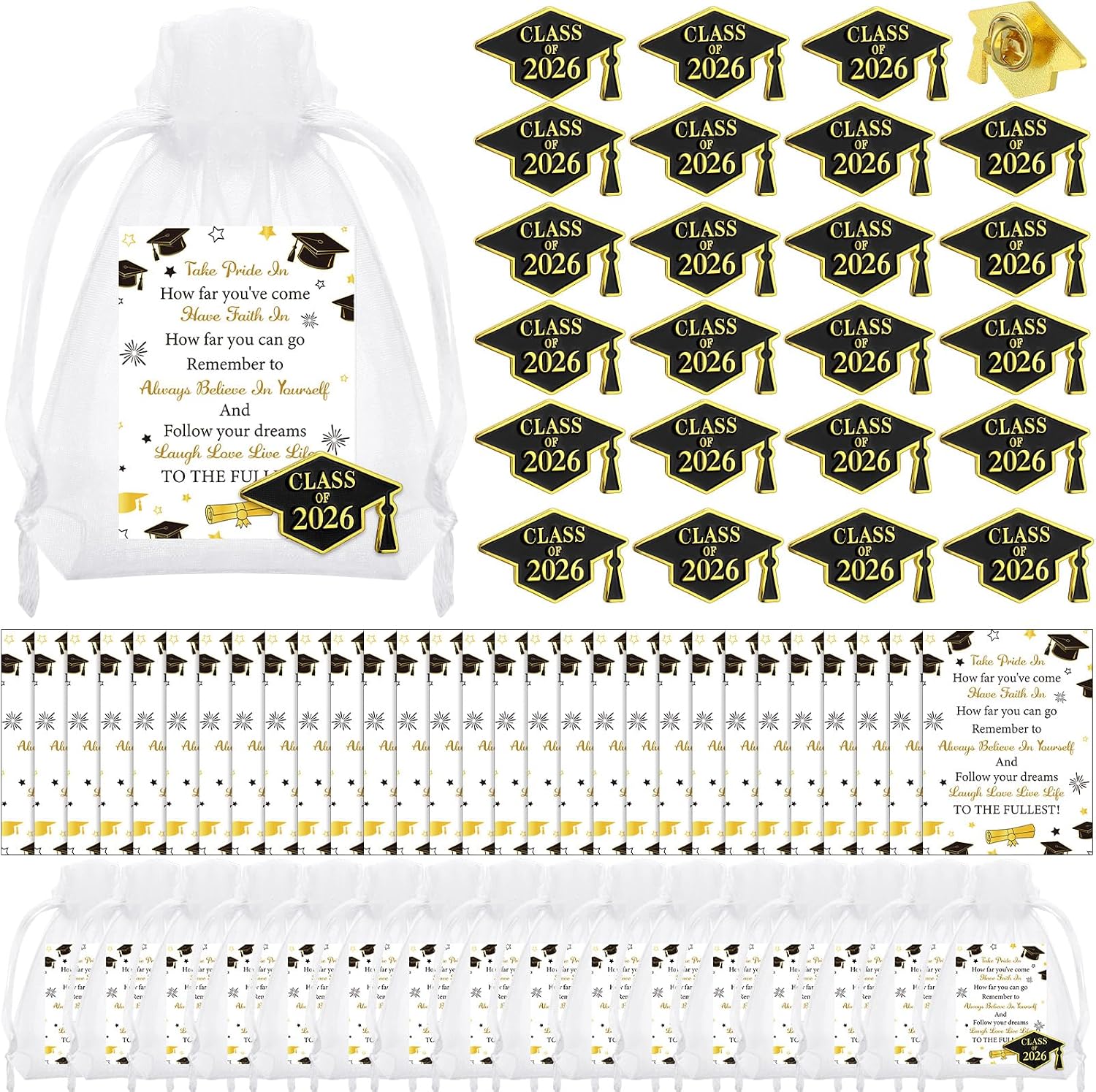 Tondiamo 30 Set Class of 2026 Graduation Pins Bulk Graduation Cap Badges Pins with Cards and Organza Bags Congrats 2026 Souvenir Gift for Student Teacher School