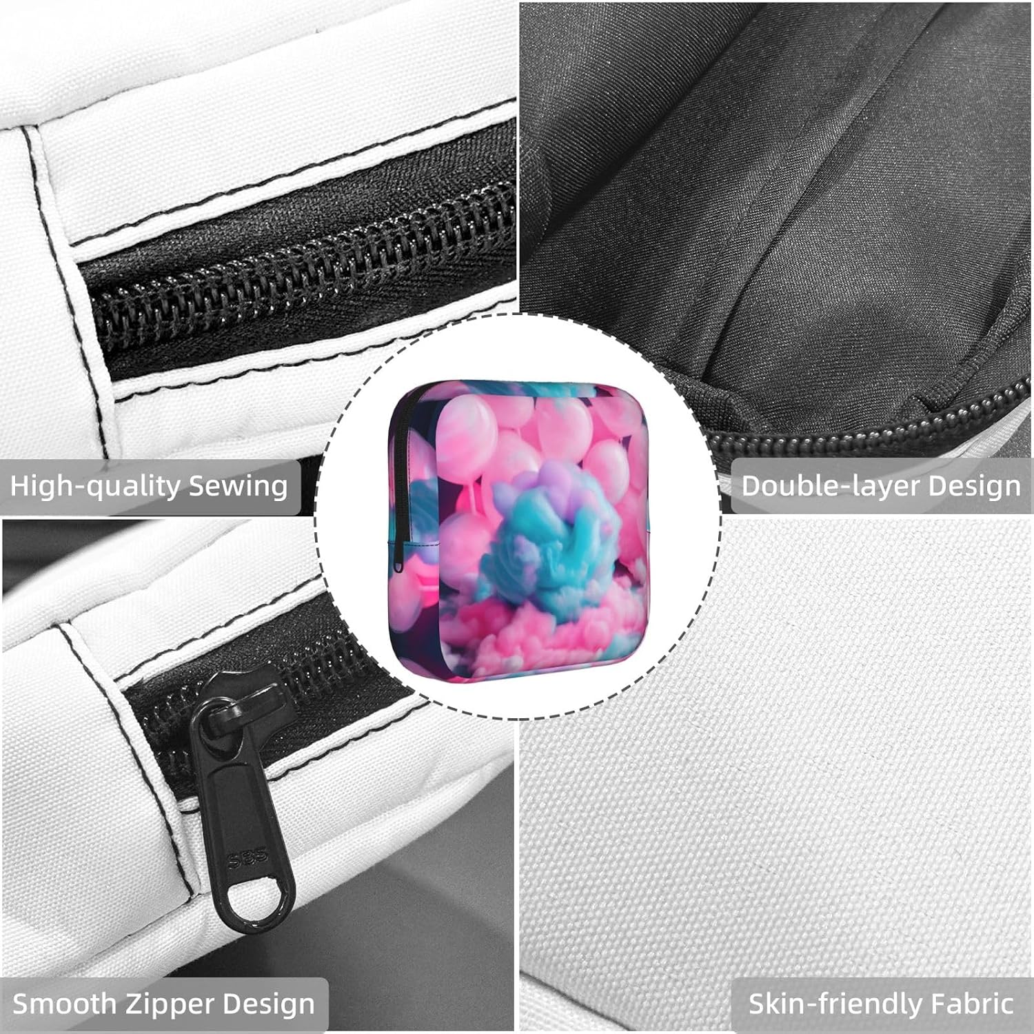 Pink Cotton Candy Print Women Period Bag Sanitary Pouch Portable Pad Pouch Tampon Holder Small Zipper Pouch Storage Bag