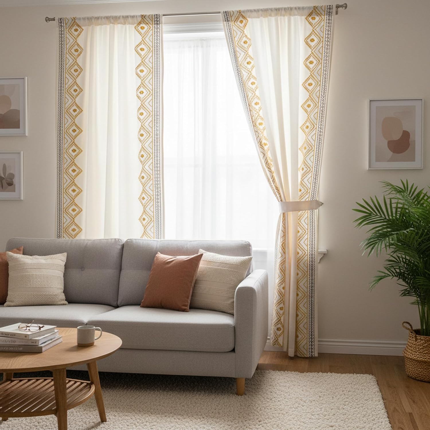 ColorBird Boho Spring Curtains for Living Room Apartment Decor, Two Pages Yellow and Brown Embroidered Decorative Textured Rod Pocket 63 Inch Curtains & Drapes for Dining Room Bedroom