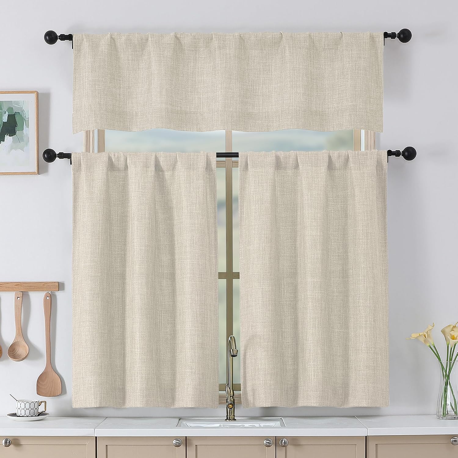 Chyhomenyc Valance for Windows - Light Filtering Faux Linen Textured Window Treatment Rod Pocket Thick Small Short Valance for Bathroom Laundry Basement, 50Wx14L inch, 1 Pack, Linen Color