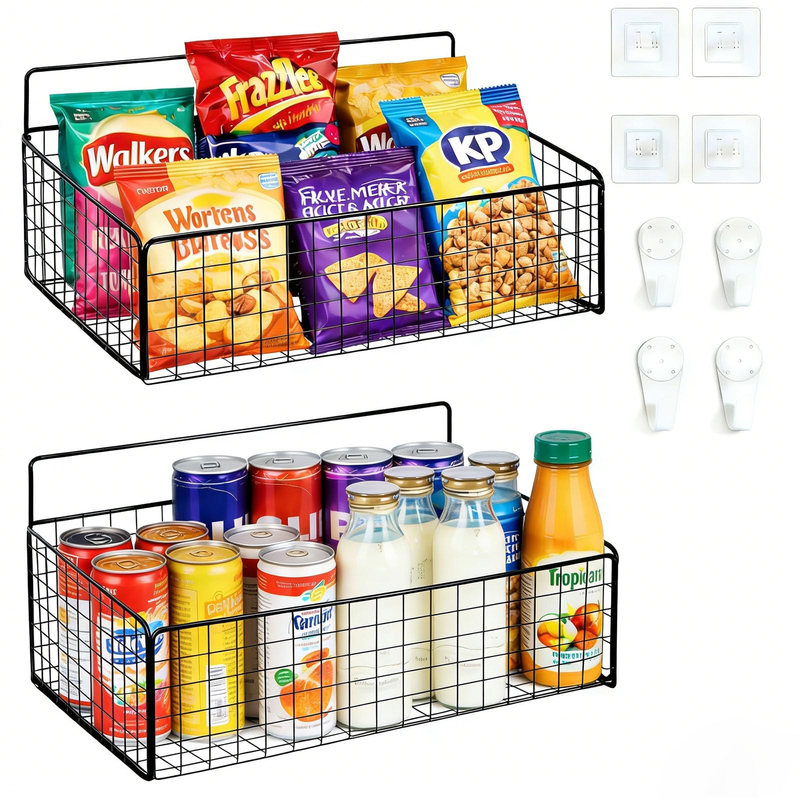 Punorric 2 Pack Snack Storage, Black Metal Wall Storage Baskets with 8 Hooks, No-Drill Snack Organiser for Snacks Cans Bars Chips Candy, Hanging Storage Baskets for Office Pantry Home