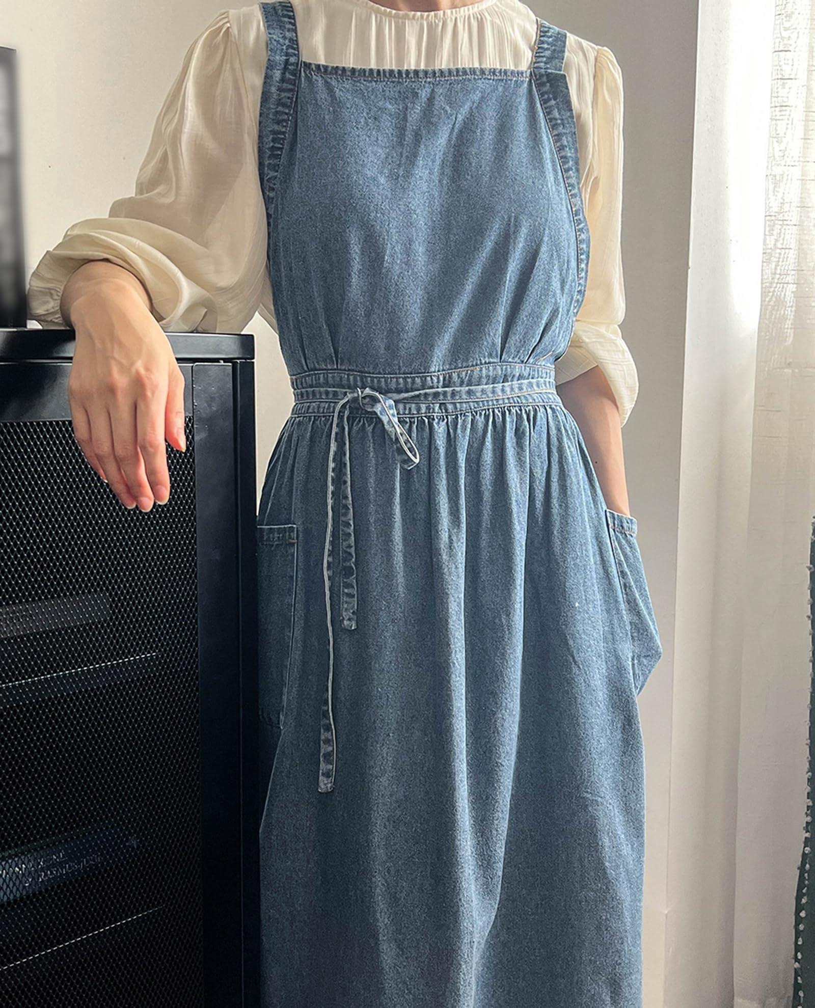 Grembiule In Denim 100% Cotone per Donna, Grembiule In Jeans Regolabile con Incrocio Sulla Schiena per Cucinare, Giardinaggio, Arte, Caffè, Lavoro