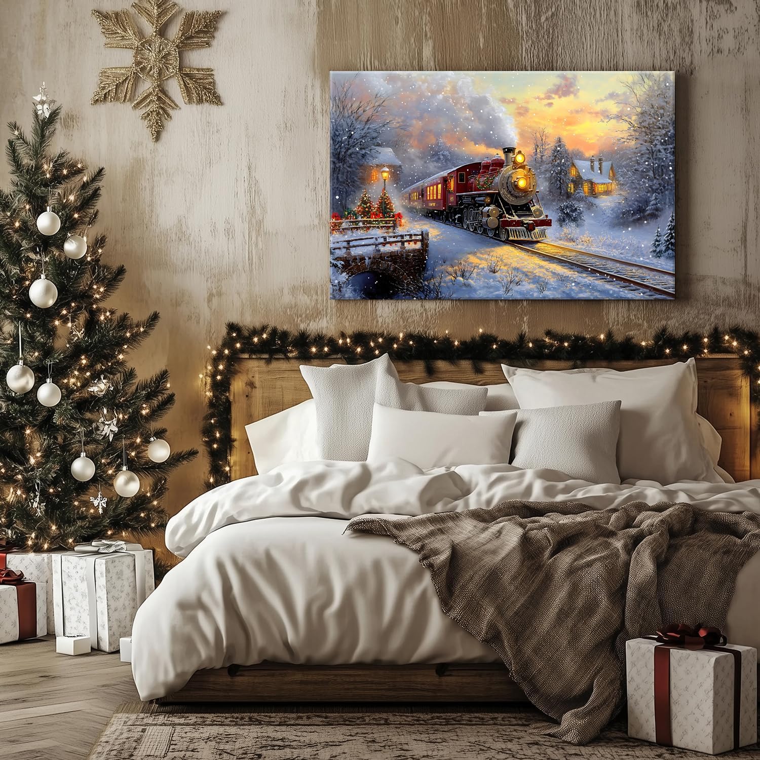 Winter Christmas Wall Art Vintage Red Steam Train Canvas Prints Christmas Tree Poster Rustic Farmhouse Paintings Nature Sunset Landscape Artwork for Living Room Bathroom Home Decoration 24x36"