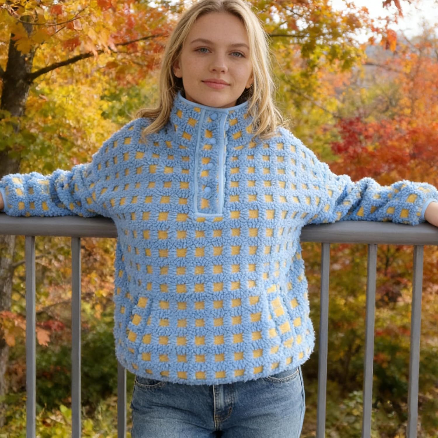 Checkered Fleece Sweatshirt for Women Long Sleeve High Neck Fuzzy Sherpa Hoodie Winter Plaid Pullover Top with Pocket - Image 4