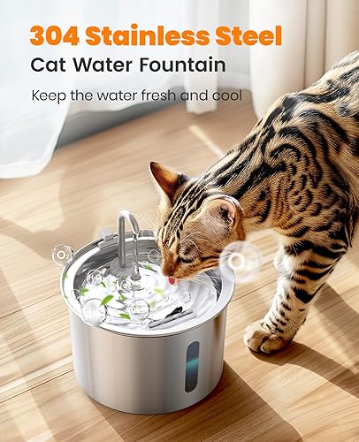 Miniatura 3 de oneisall Fuente de agua para gatos de acero inoxidable, fuentes de agua de 2 litros para gatos en interiores con bomba silenciosa y 3 filtros de